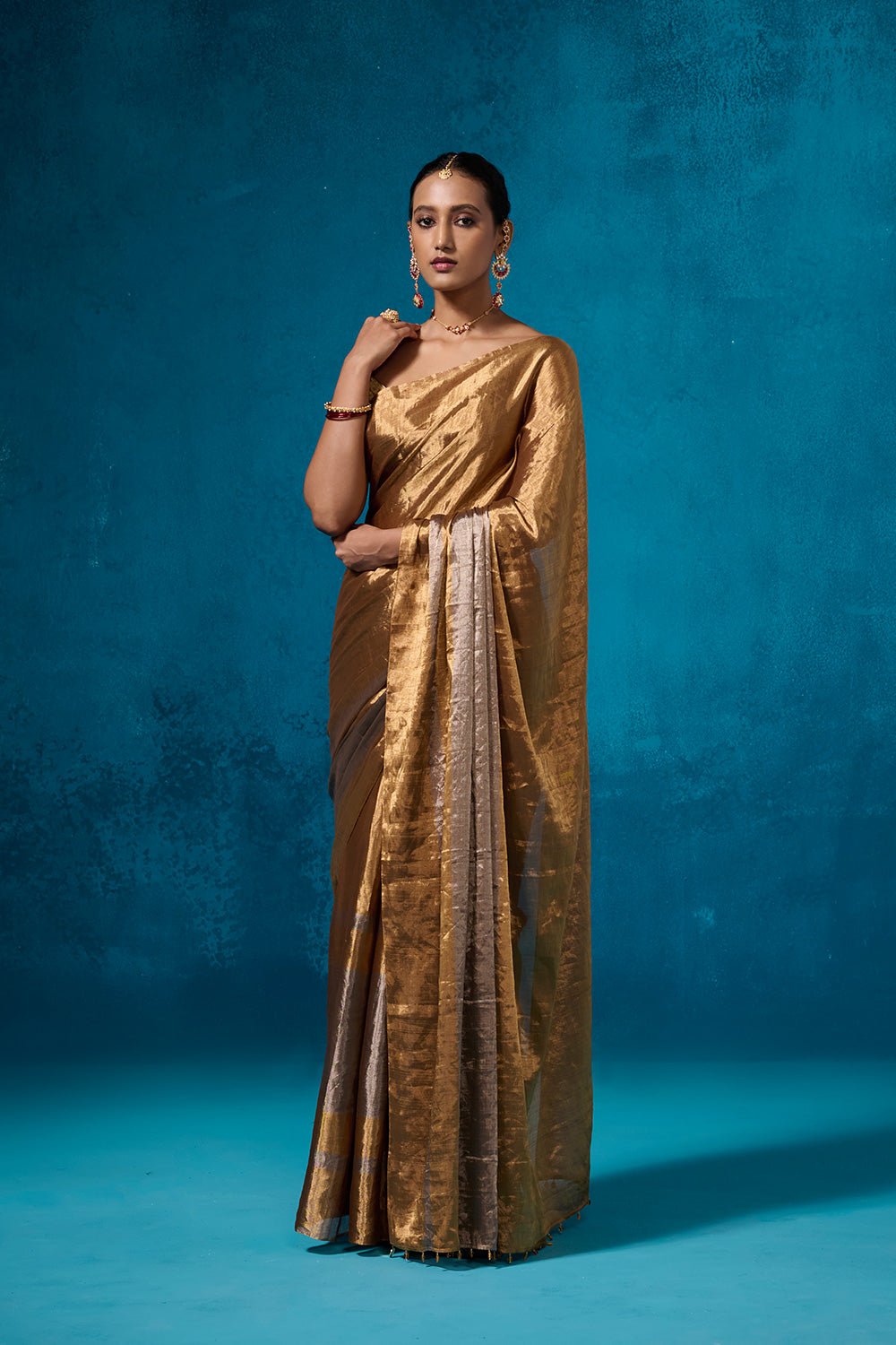 Gold and Silver Ombre Metallic Tissue Saree