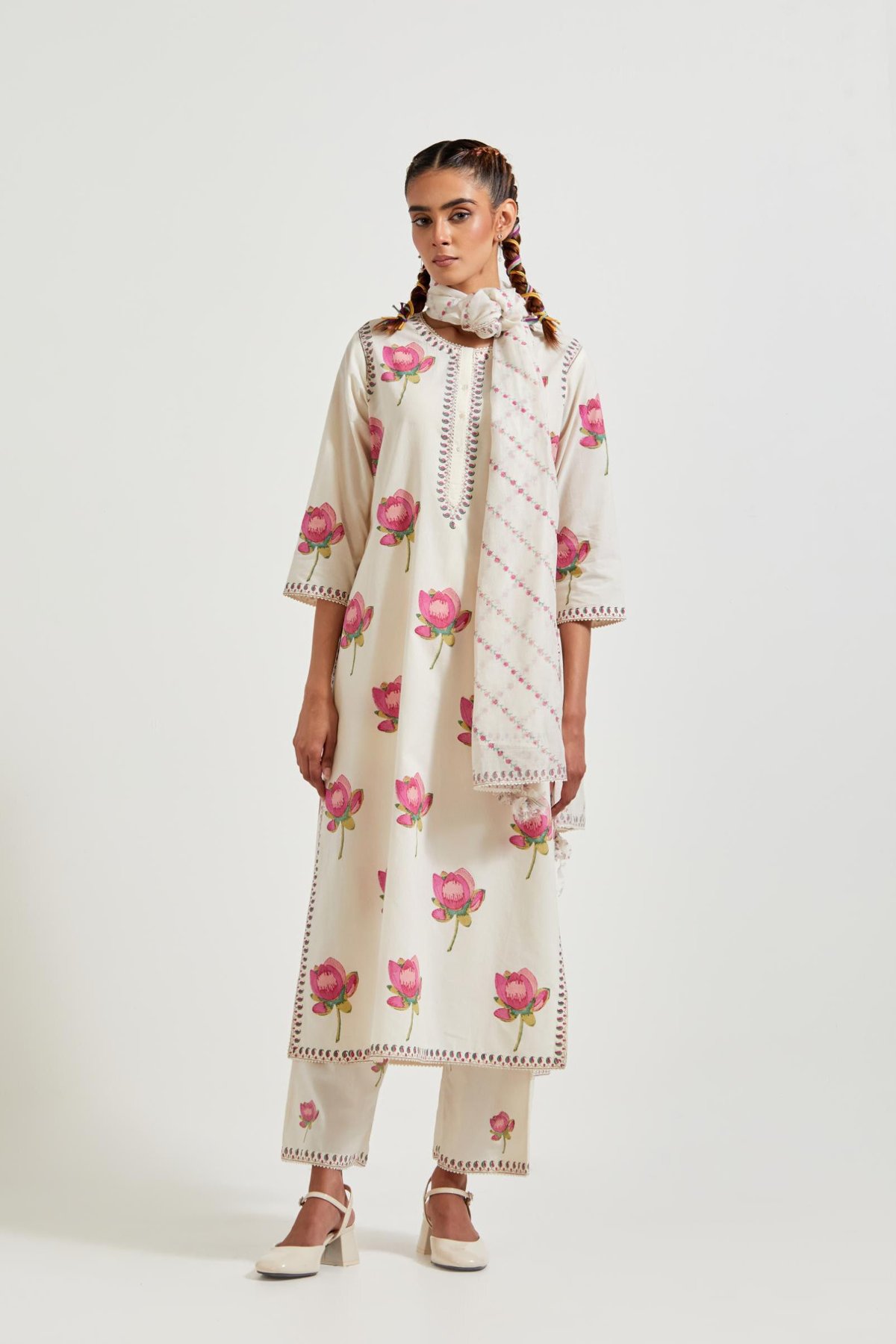Off White/Pink Lotus Block Print Cotton Kurta Set