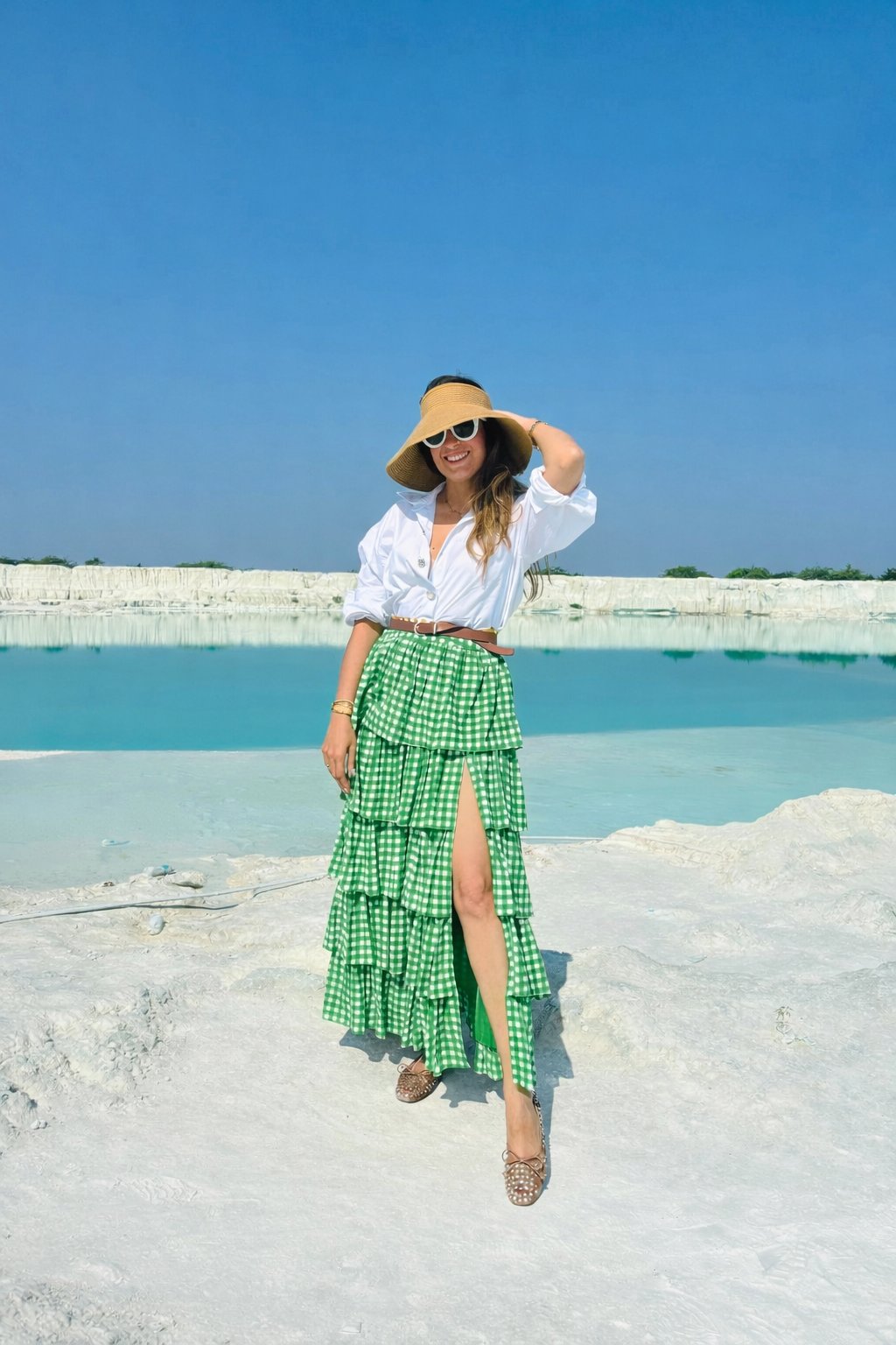 Green Gingham Tiered Maxi Skirt with Front Slit
