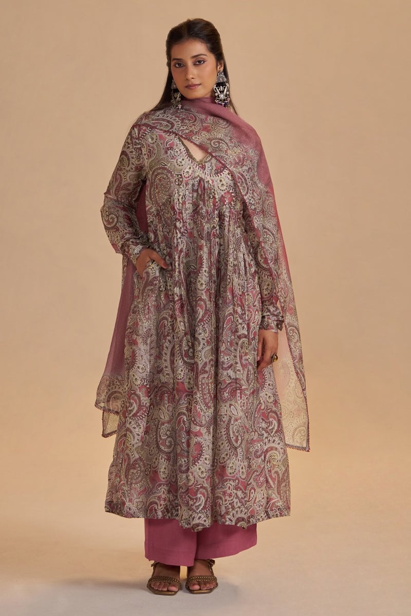 Mauve and Beige Orgenza Silk Kurta Set