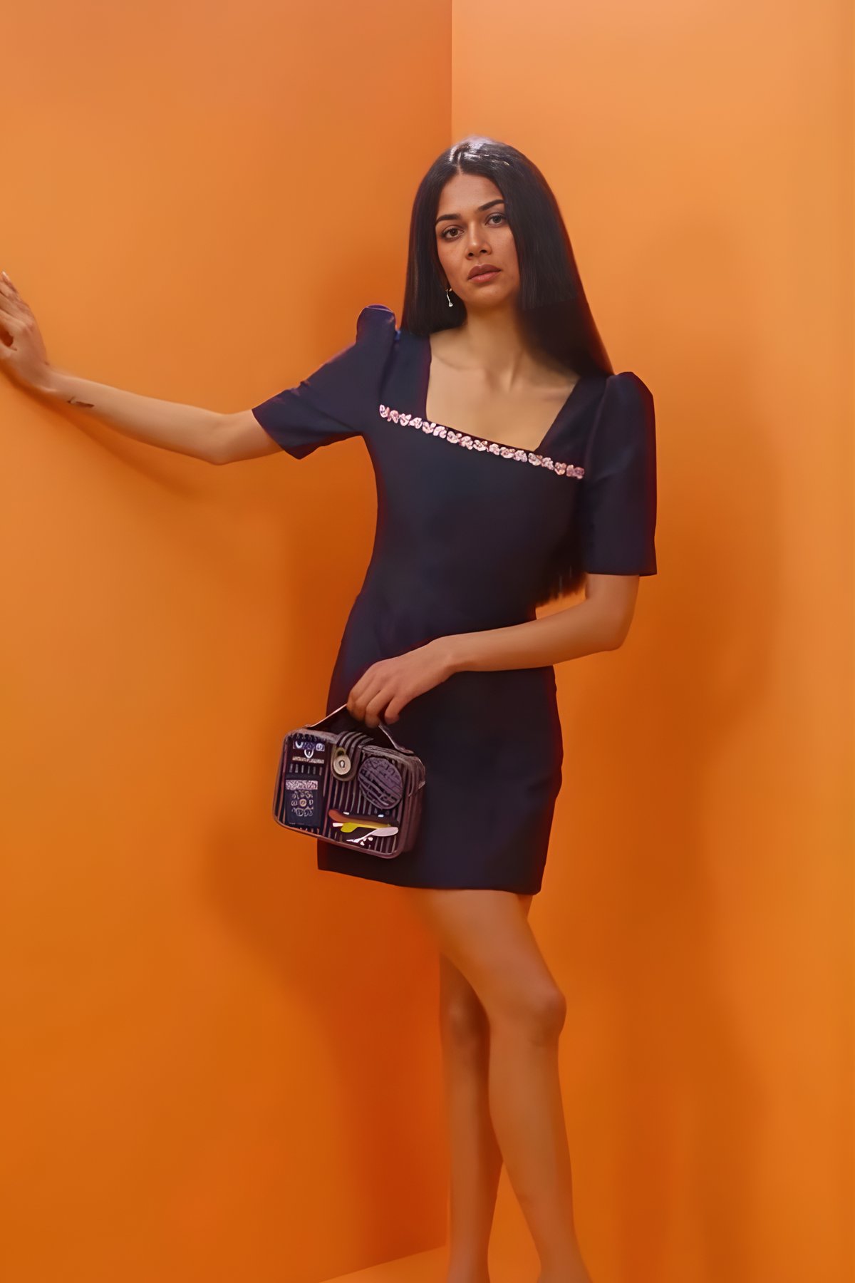 Navy Floral Jacquard Mini Dress with Gem-Trim Square Neck