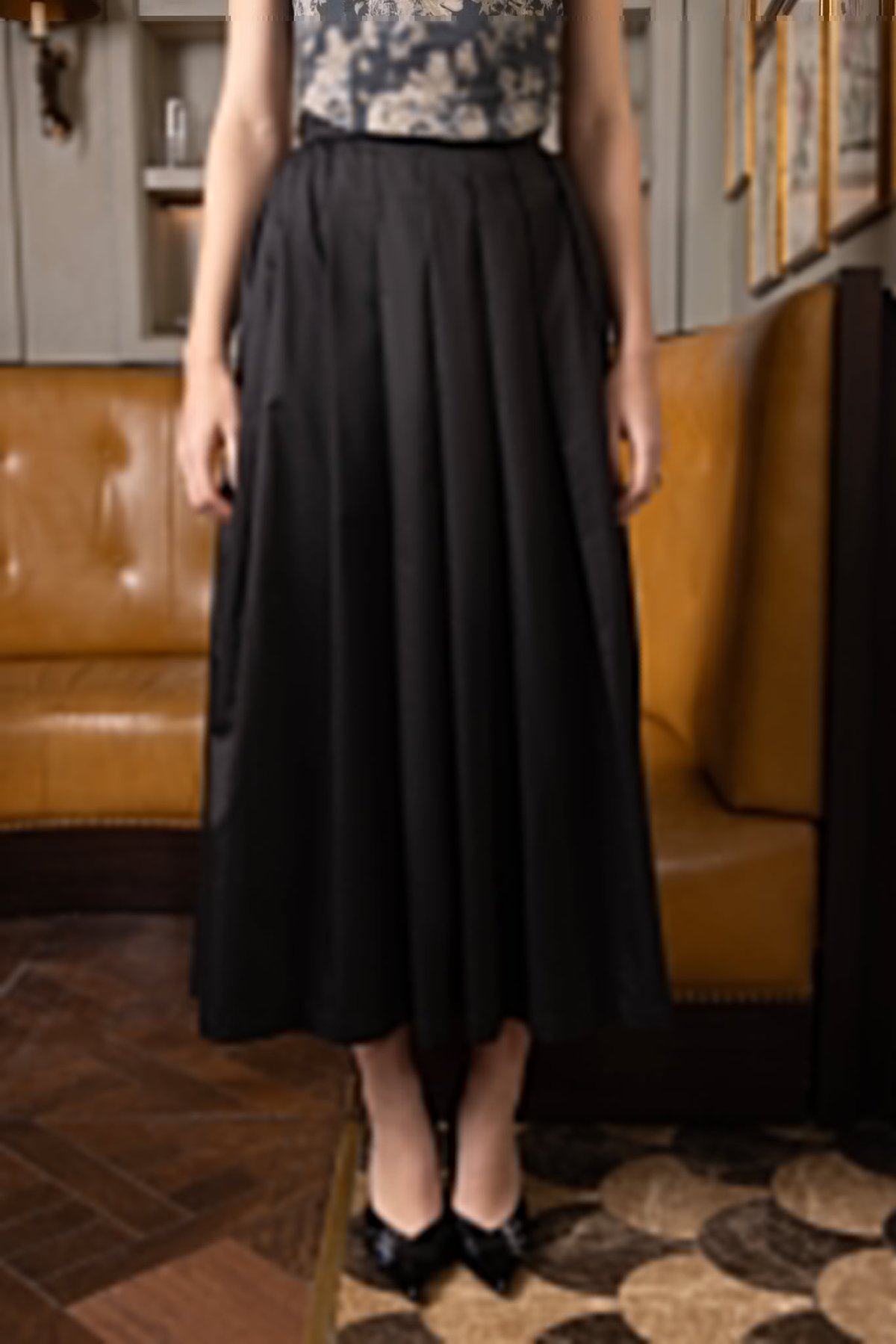 Classic Black Pleated Cotton Satin Midi Skirt