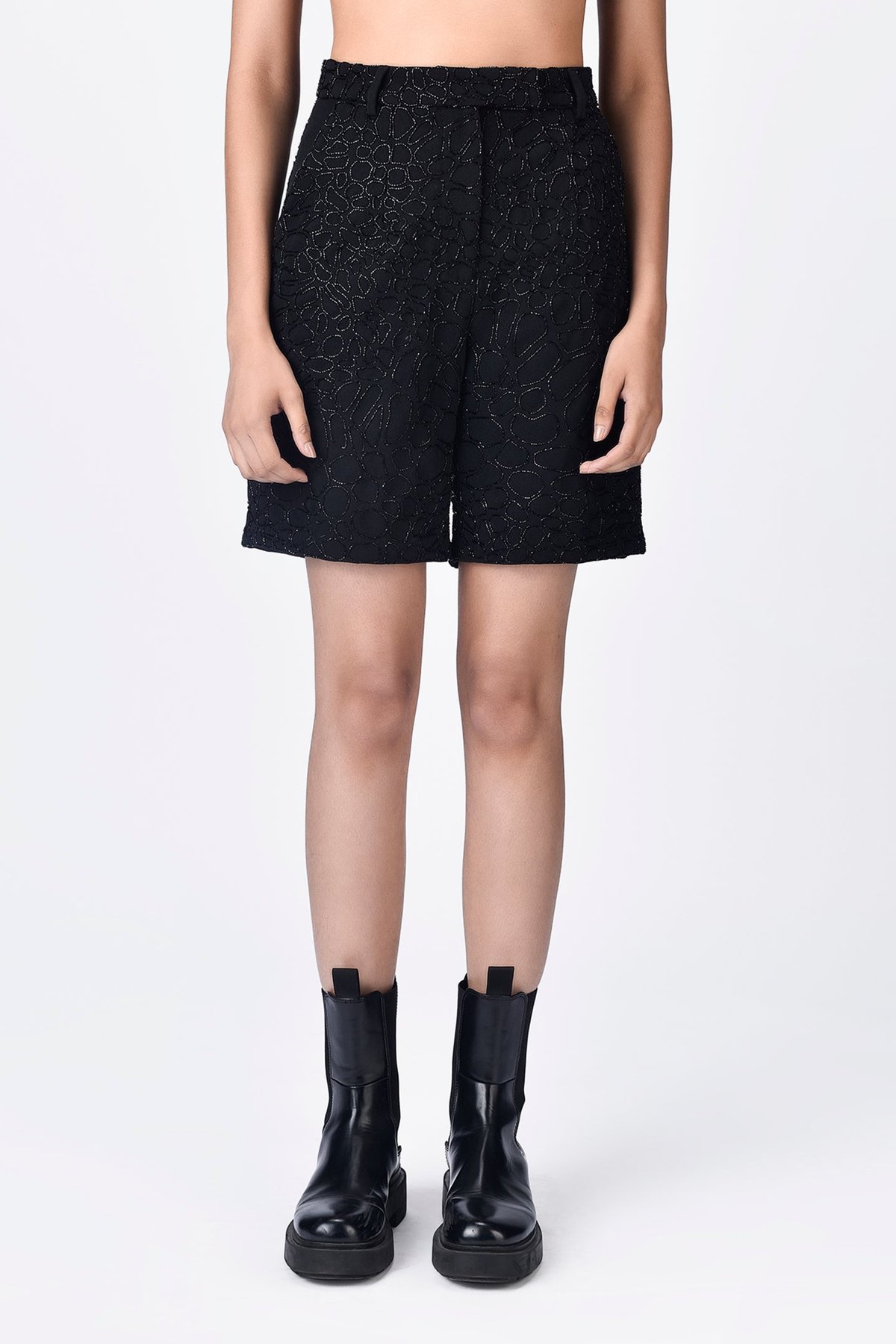 Black Heavy Crepe Tailored Shorts with Bead Embroidery