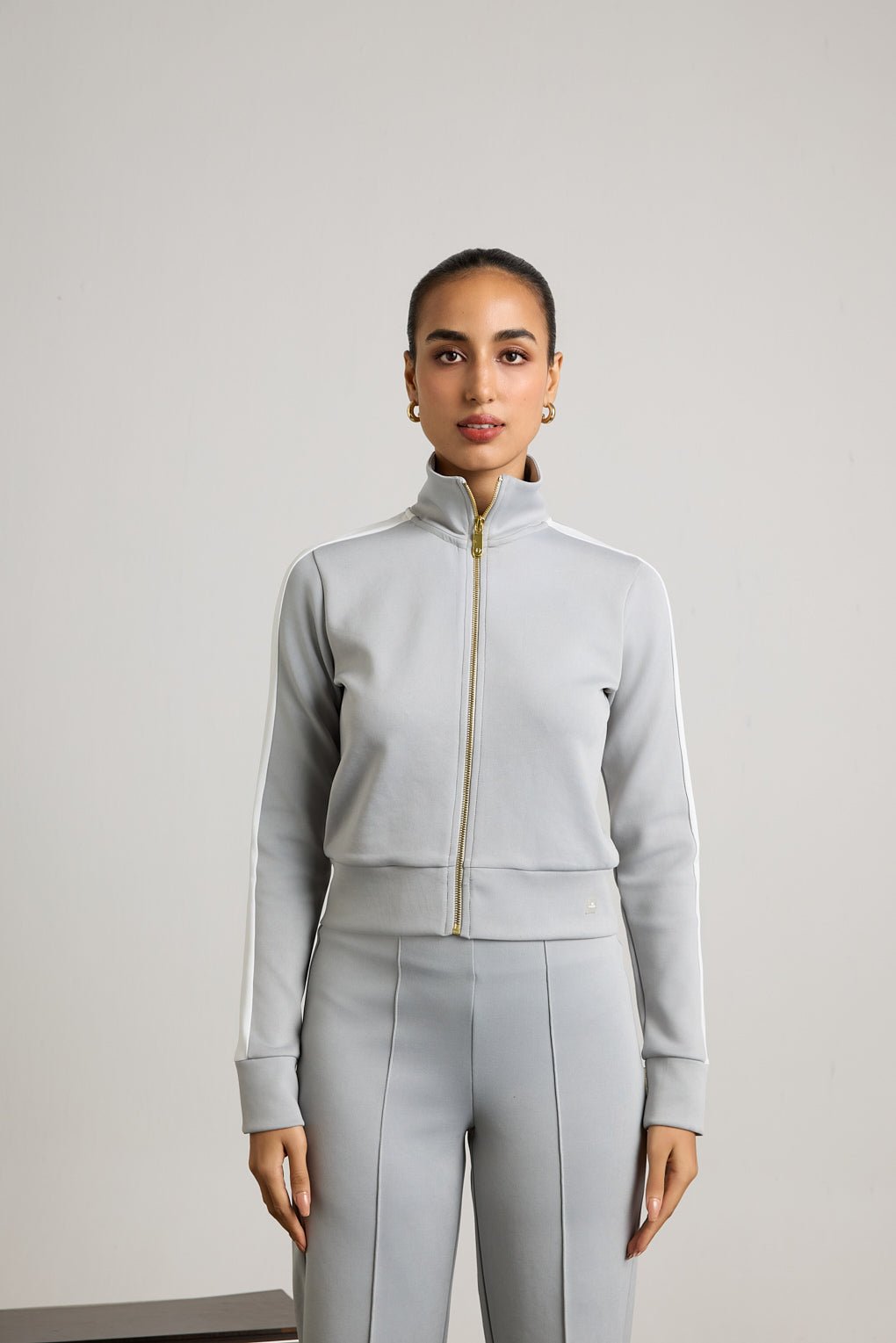 Grey Lycra Scuba Zip-Up Jacket and Flared Pants Co-ord Set
