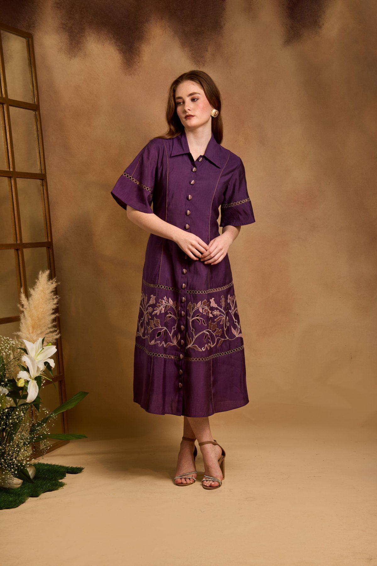 Purple Fit and Flare Midi Shirt Dress with Lace Inserts