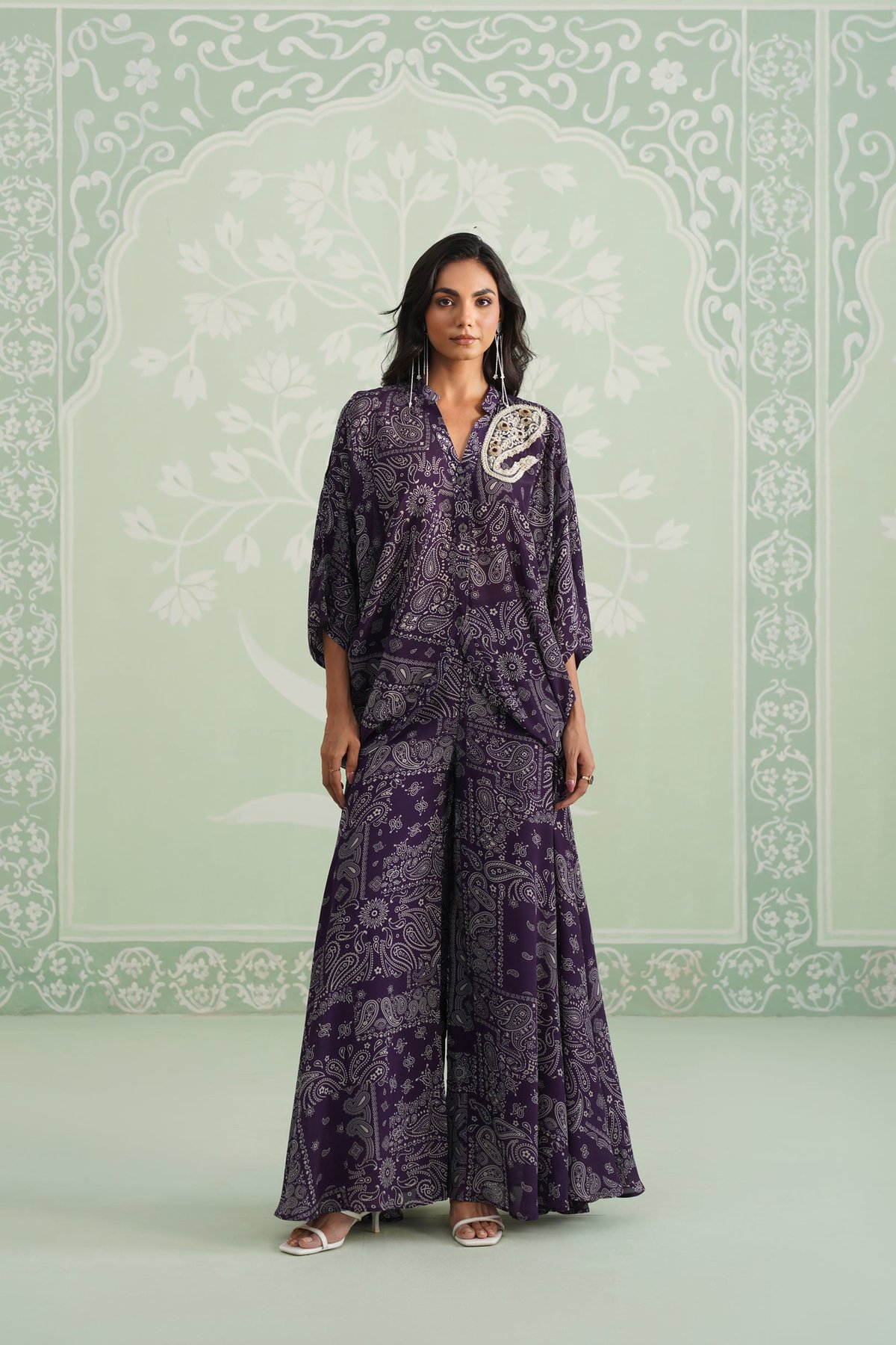 Aubergine Printed Crepe Kurta and Sharara Set