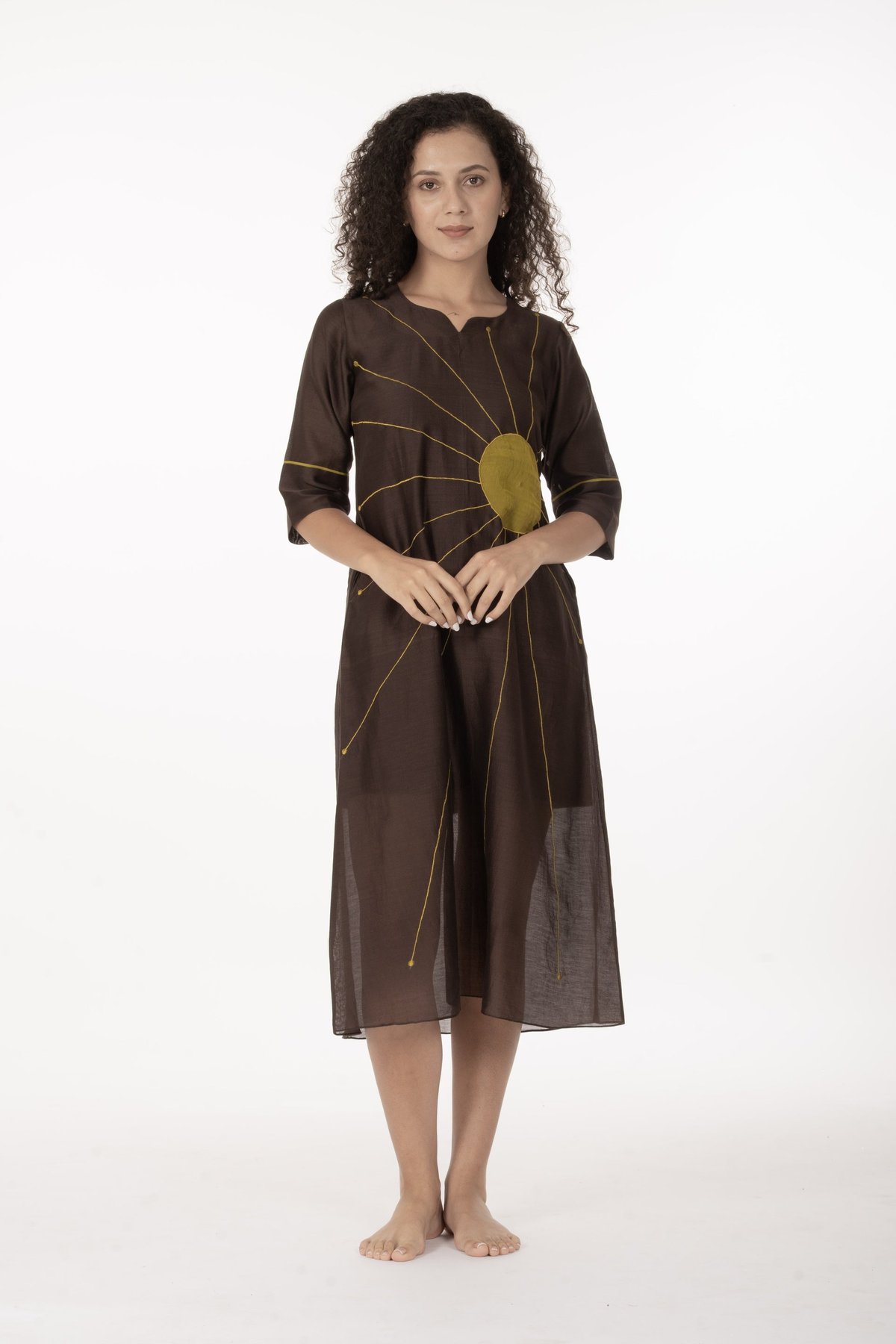 Brown Chanderi Silk Straight Midi Dress with Slip