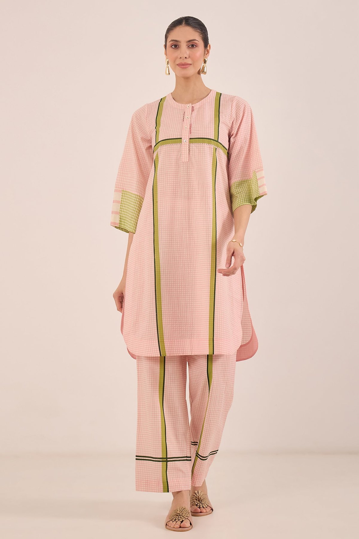 Pink Checked Cotton Kurta and Pants Co-ord Set