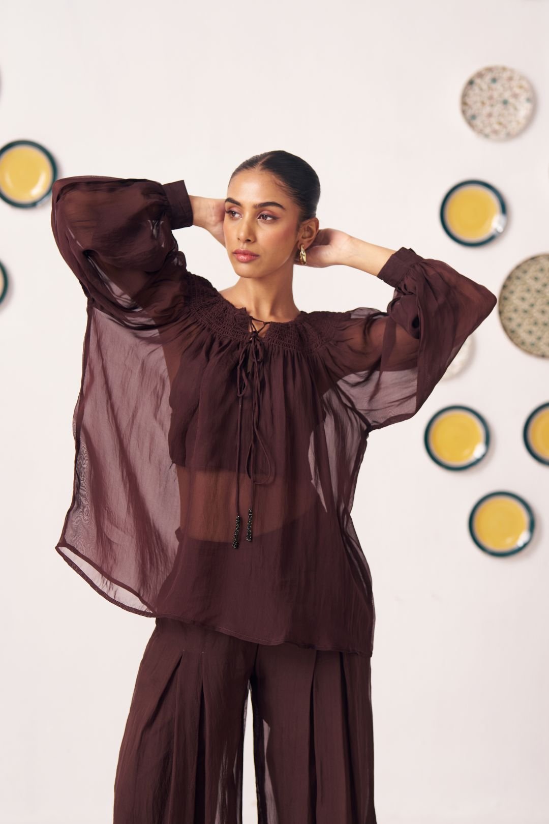 Chocolate Brown Sheer Gathered Top