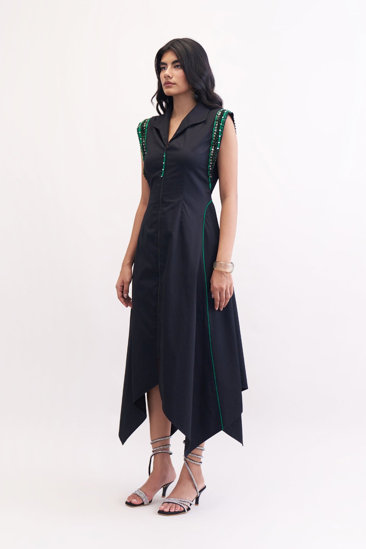 Black Cotton Satin Zip-Front Fit and Flare Midi Dress