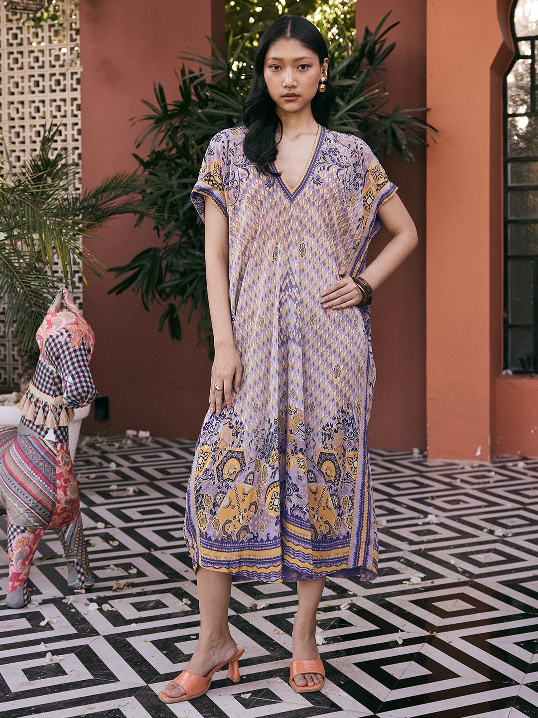 Purple Printed Midi Kaftan Dress with V-Neck