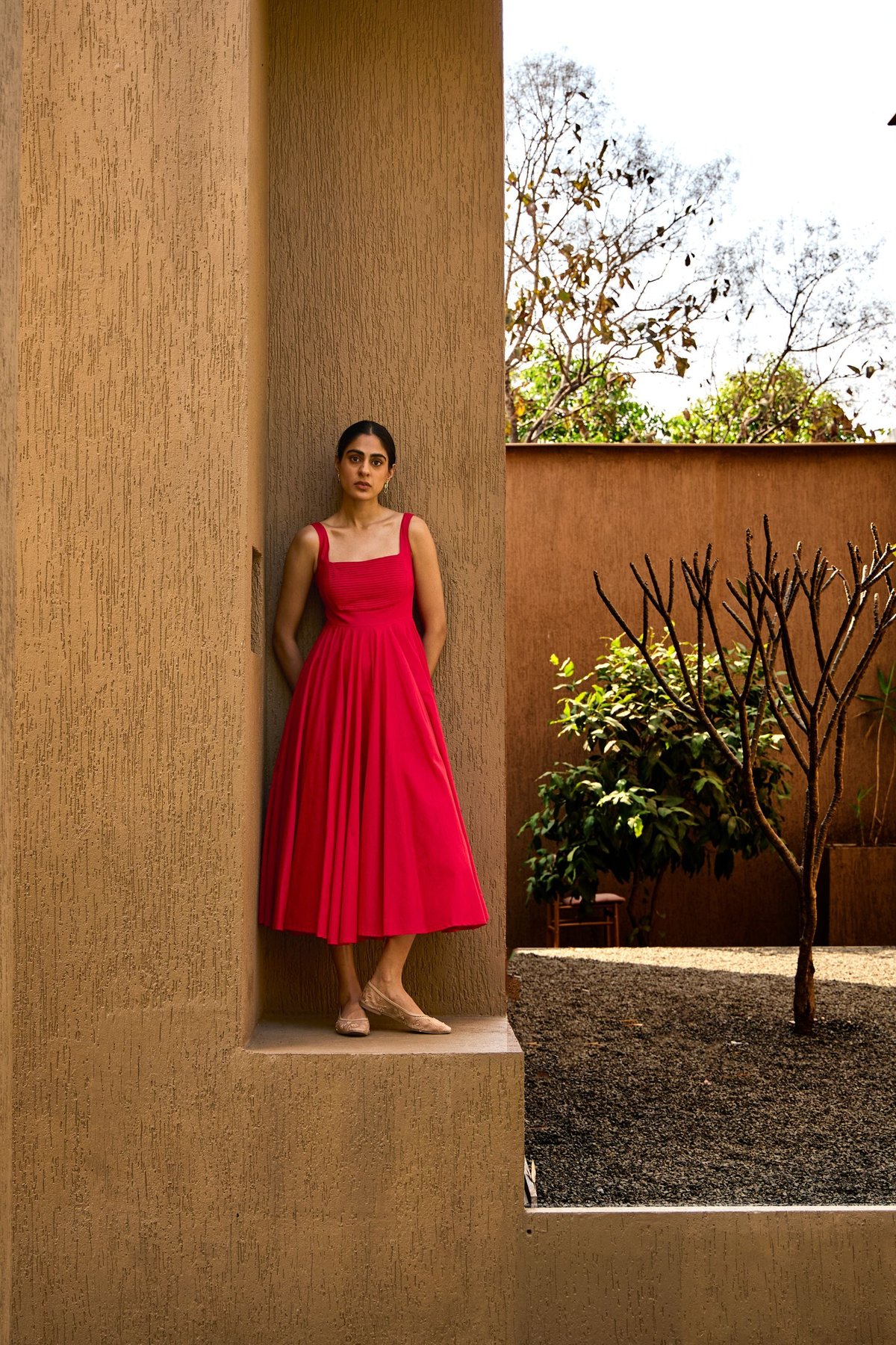 Red Cotton Cambric Fit and Flare Square Neck Midi Dress