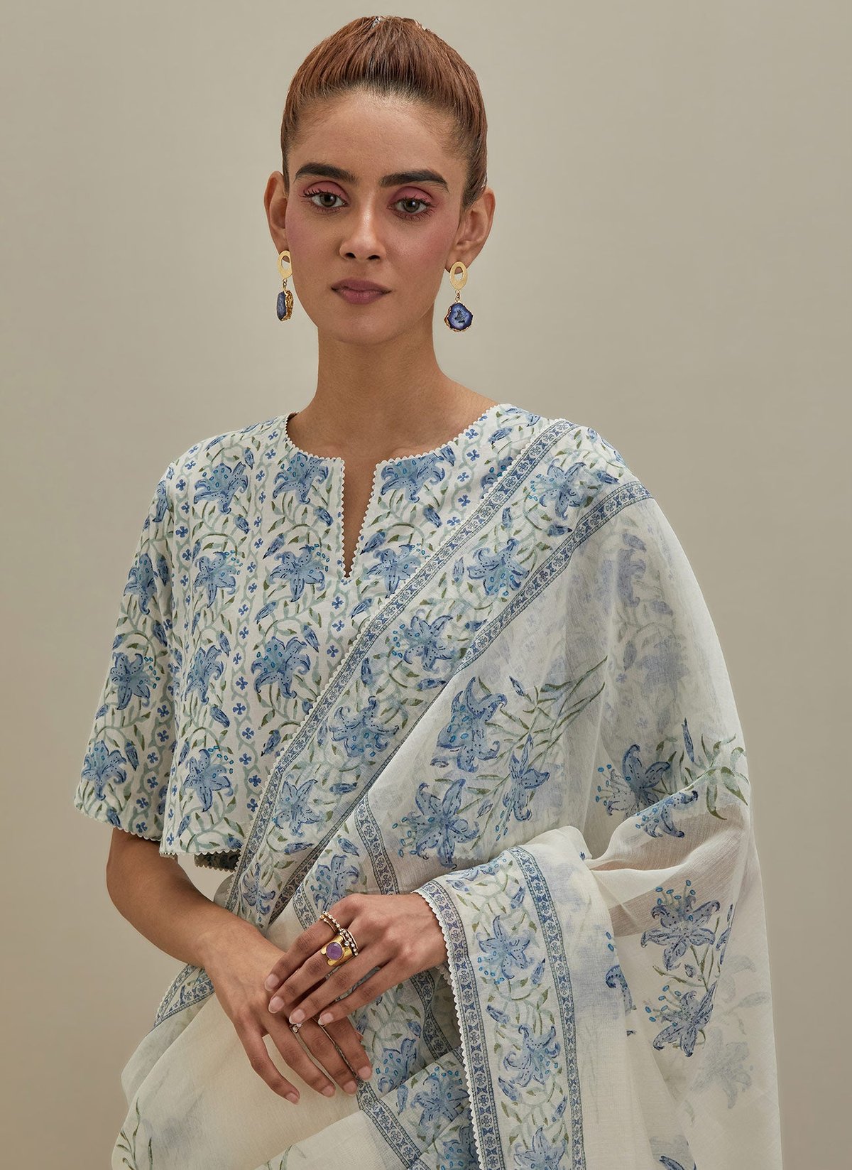 Off White Cotton Blouse Block Print