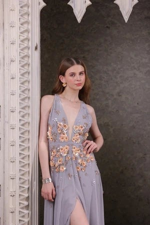 Platinum Embellished High-Low Gown