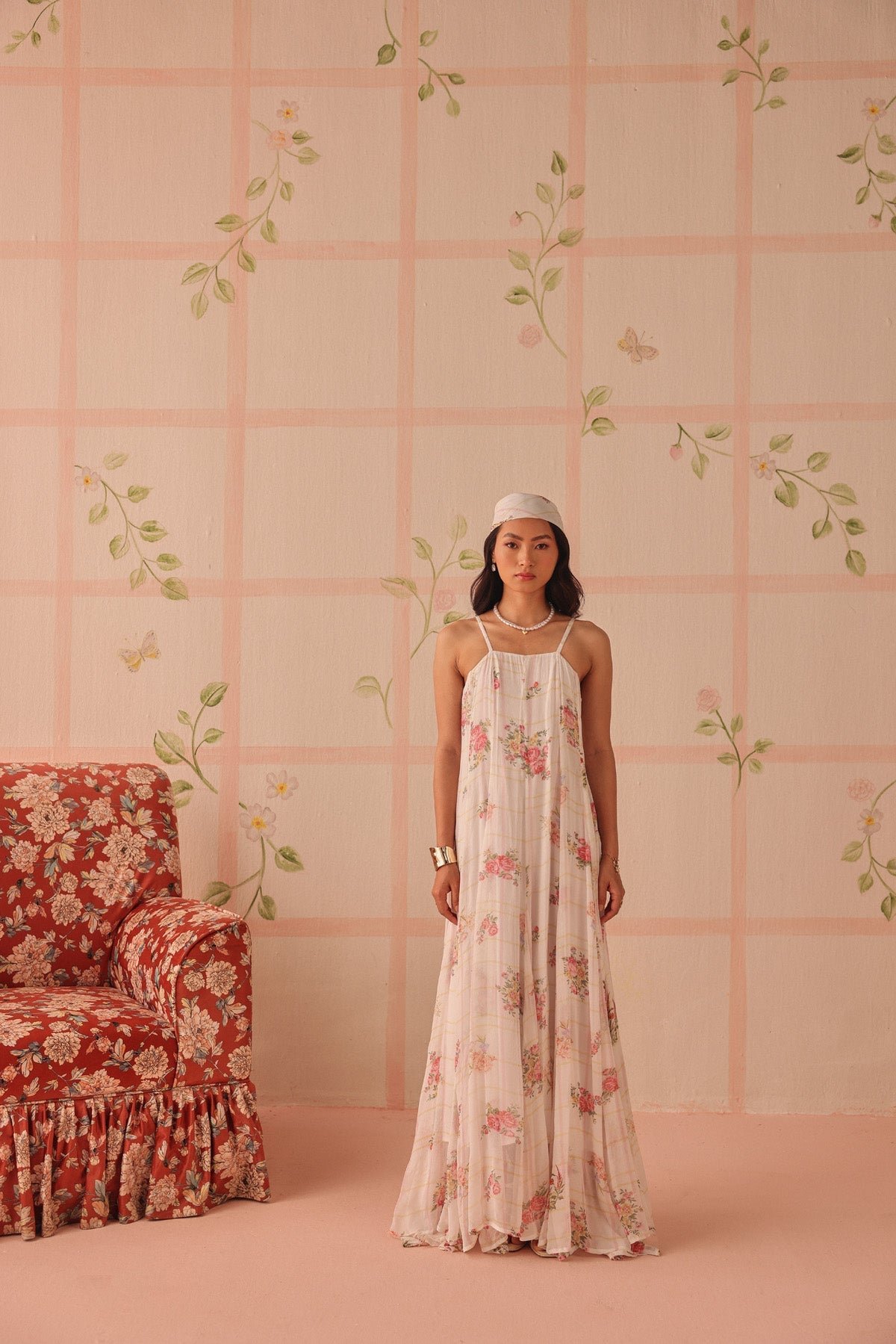 White Floral Check Viscose Chiffon Slip Maxi Dress