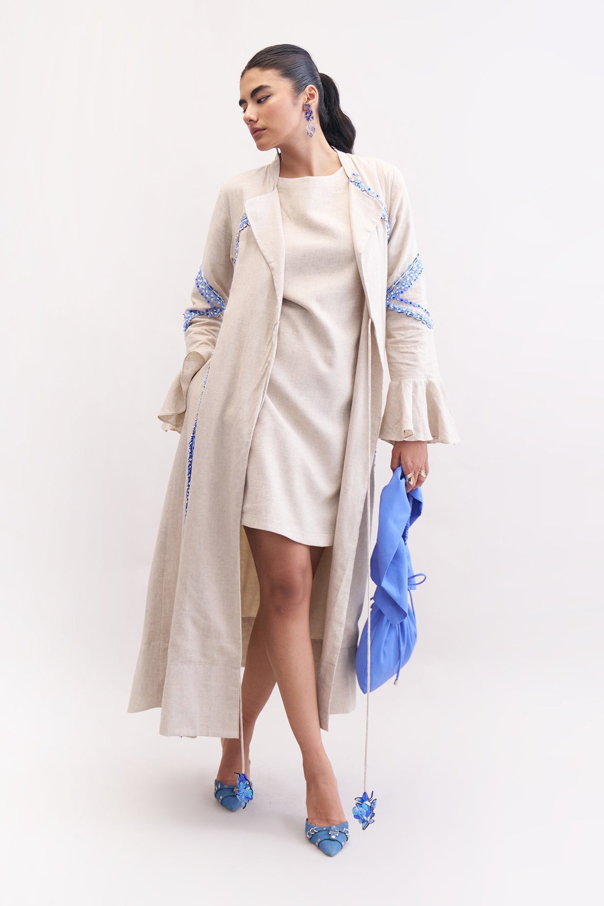 Neutral Linen Straight Midi Dress with Embroidered Cape Set