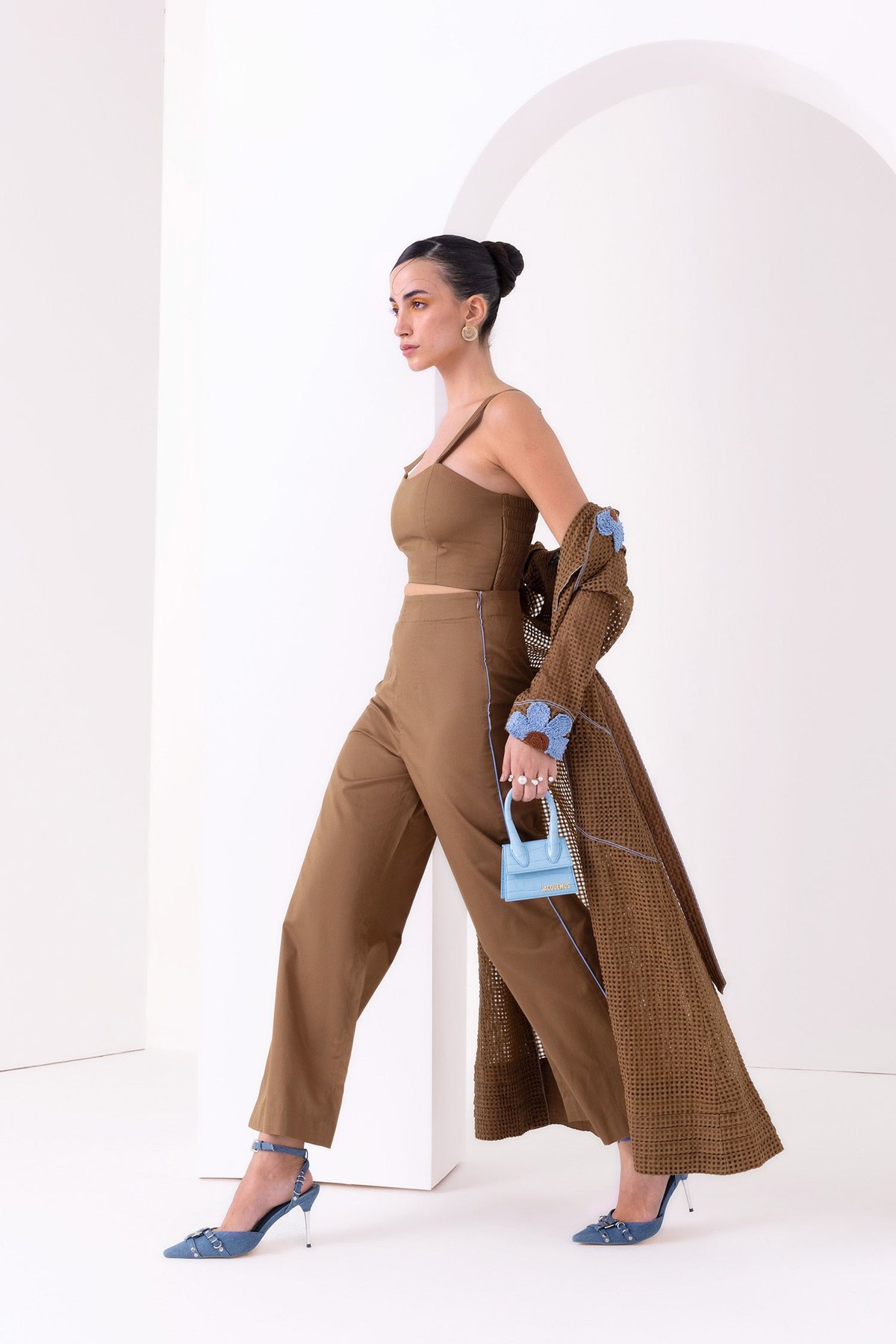 Tan Co-ord Set with Bralette, Straight Pants and Long Trench