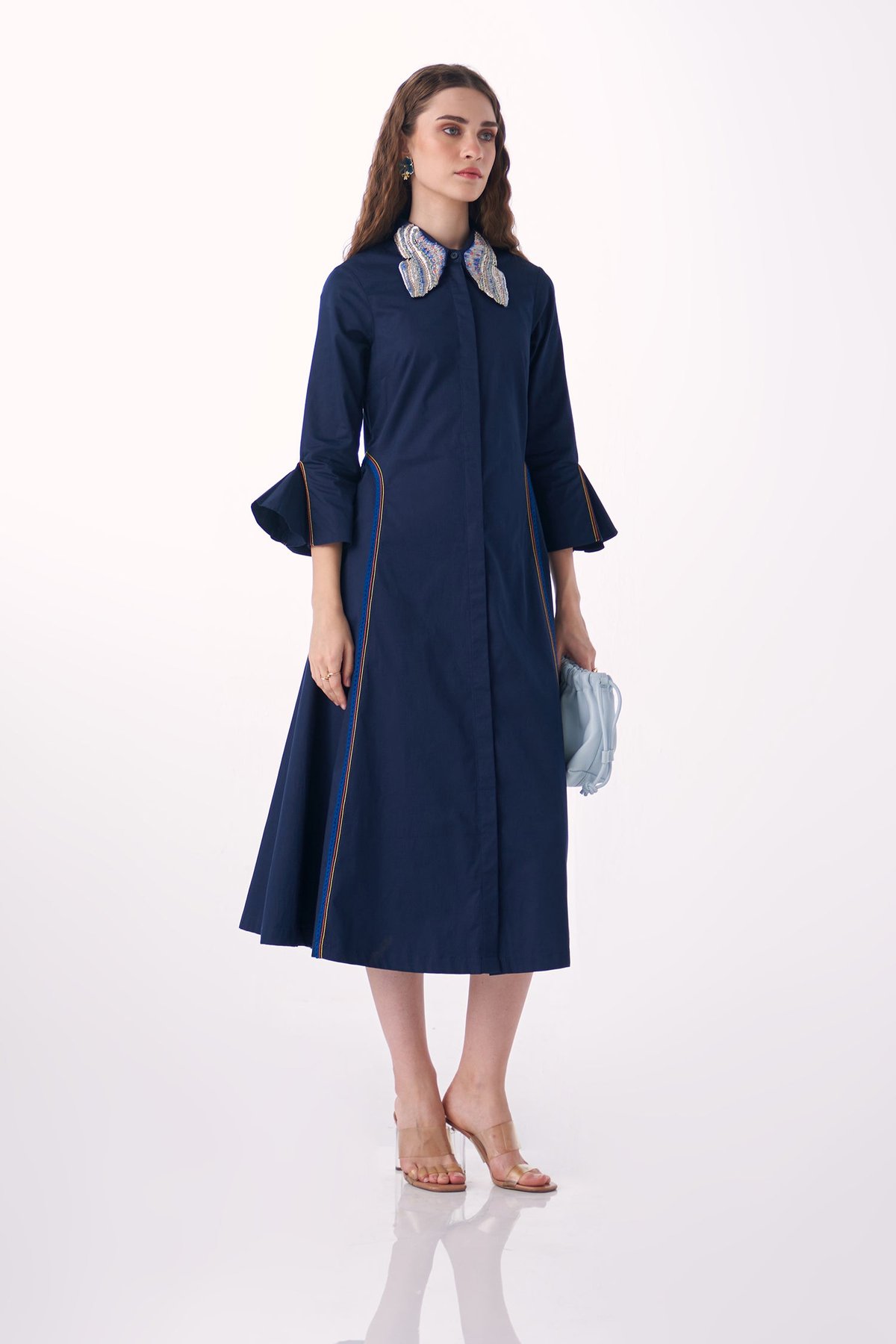 Navy Cotton Satin Fit and Flare Midi Shirt Dress