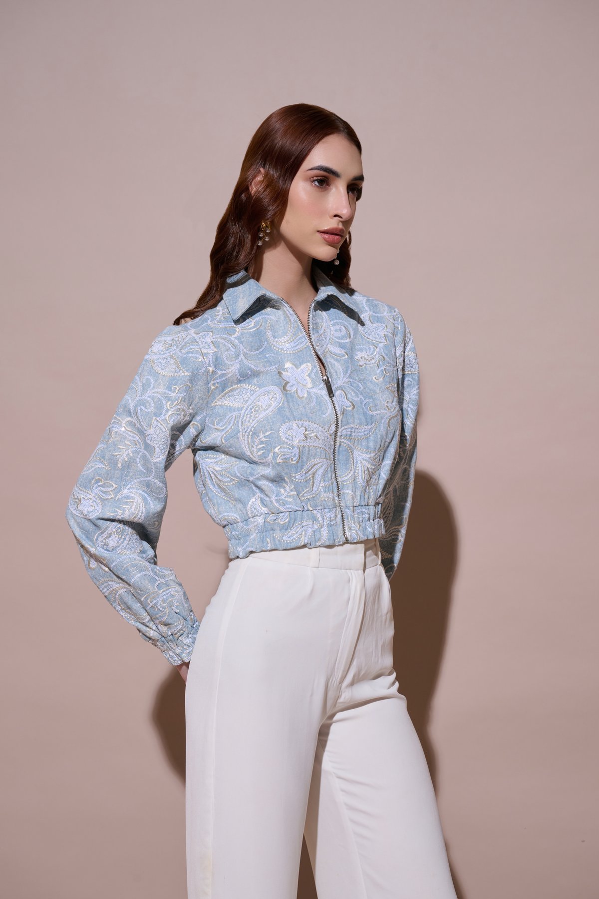 Blue Embroidered Cropped Zip-Up Jacket