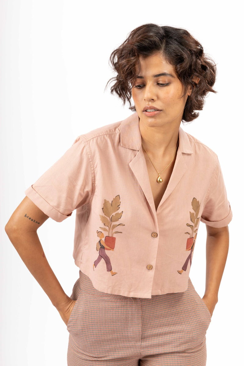 Cinnamon Cotton Boxy Cropped Printed Camp Collar Top