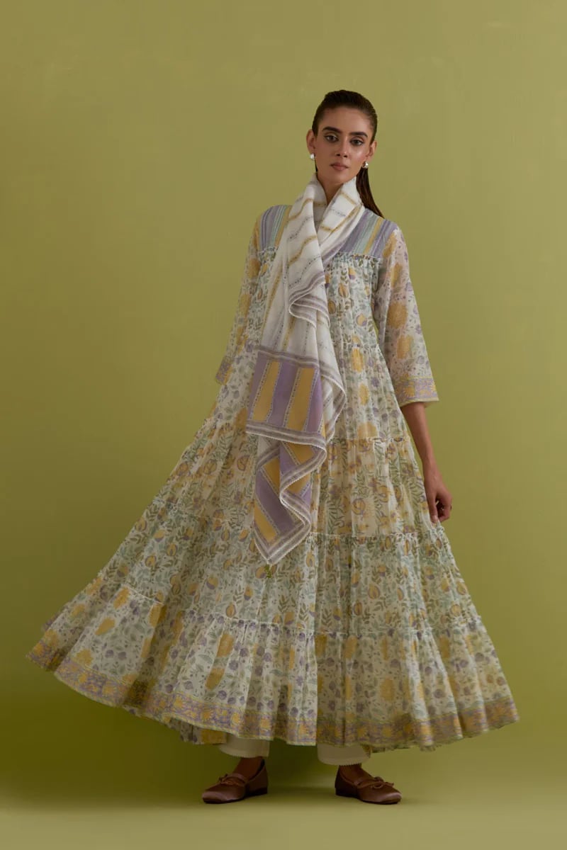 Off White Hand Printed Multi Tiered Kurta Set