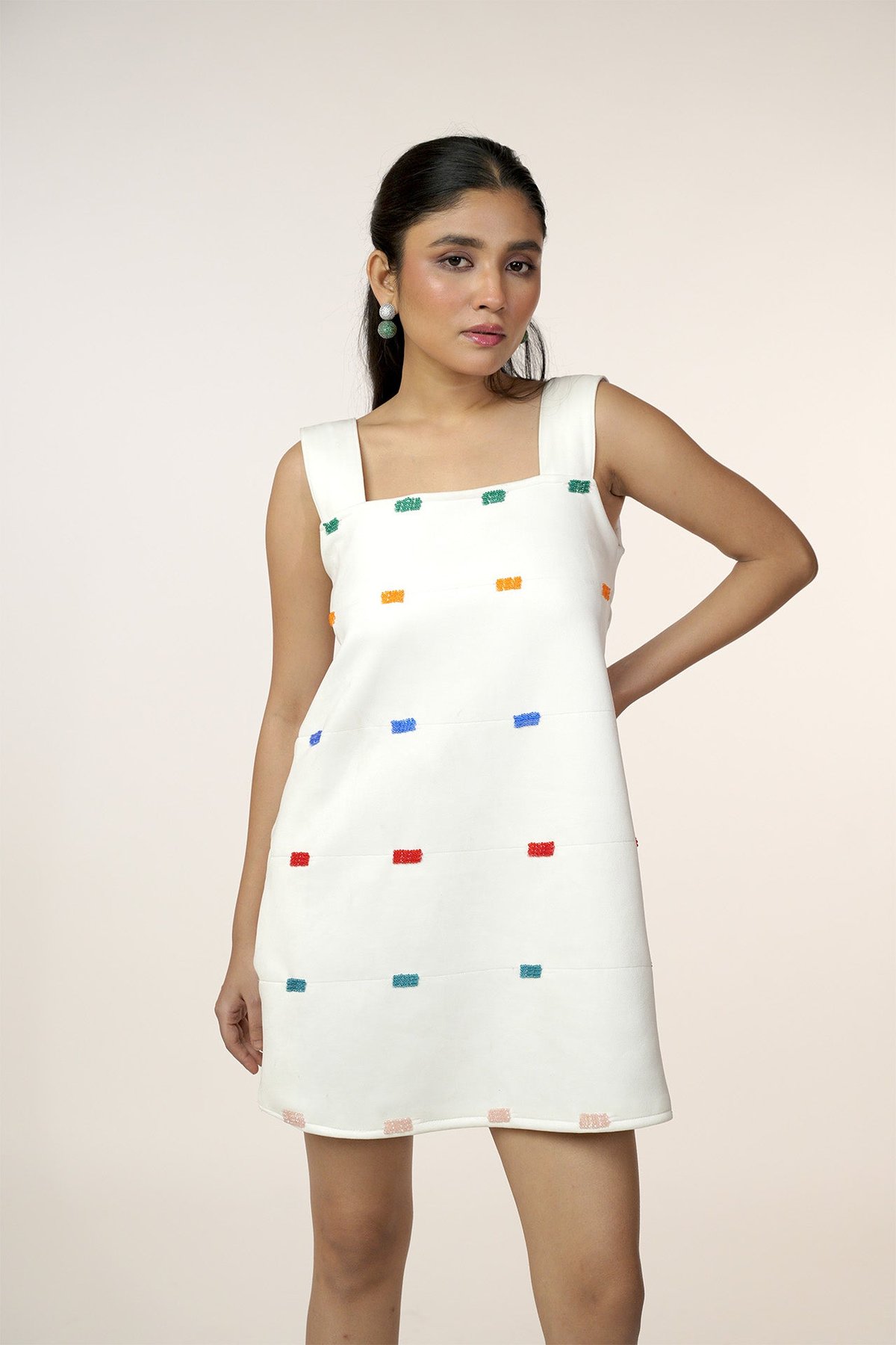 White Suede Mini Shift Dress with Beaded Embroidery