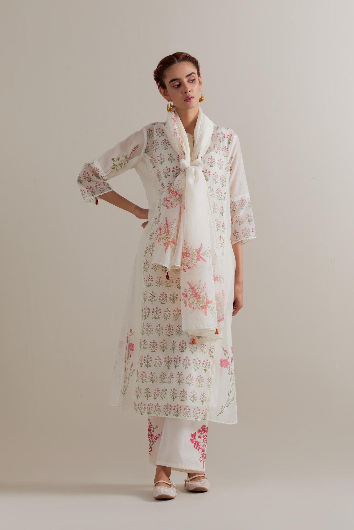 Off-White Floral Block Print Kurta Set with Dupatta