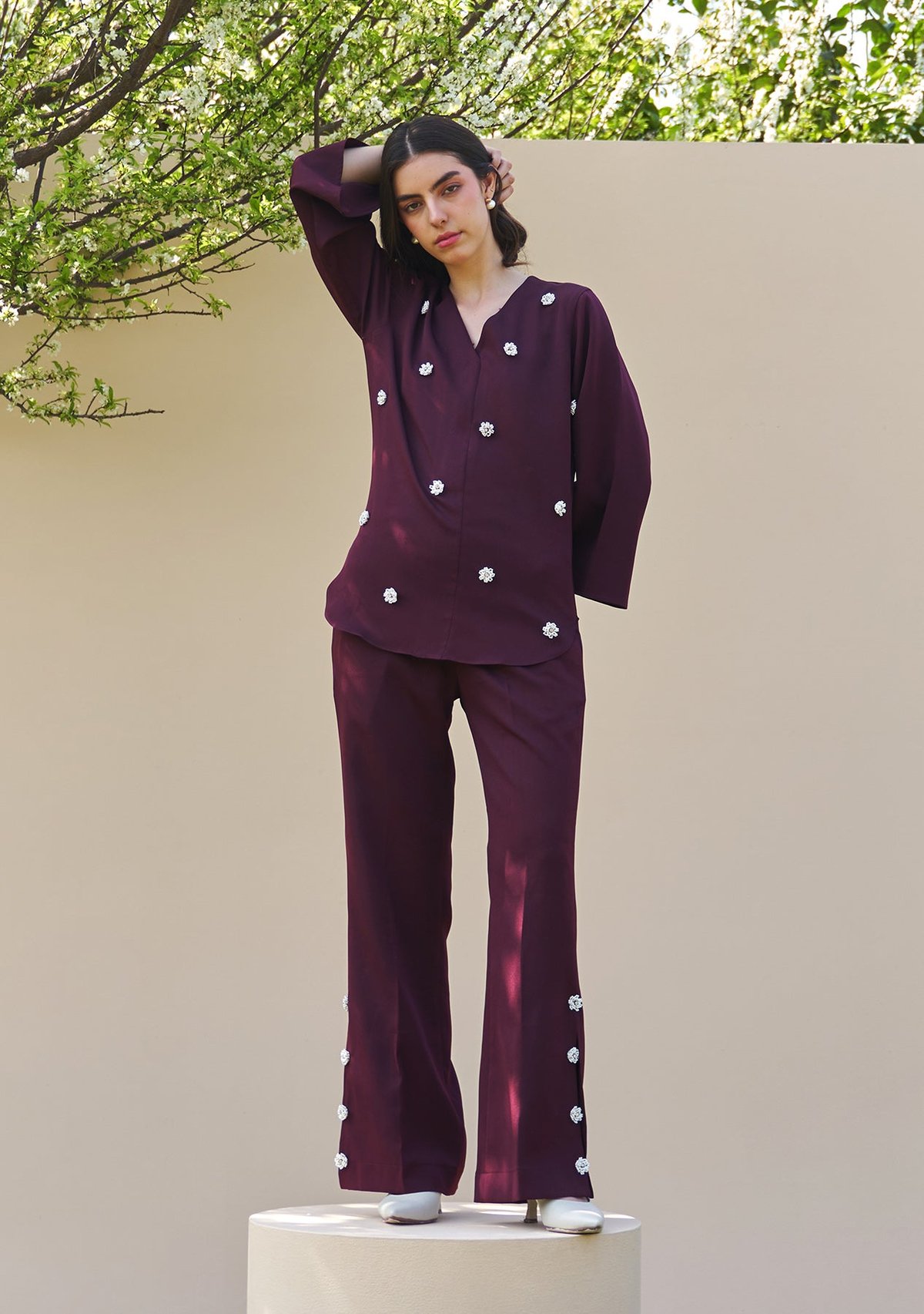Burgundy Pearl-Embellished Co-ord Set with Wide-Leg Pants