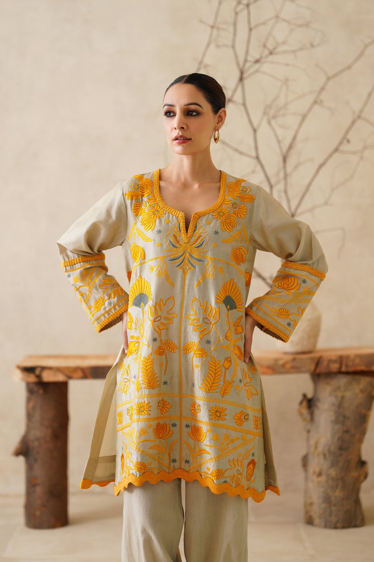 Beige Chanderi Embroidered Kurta Co-ord Set