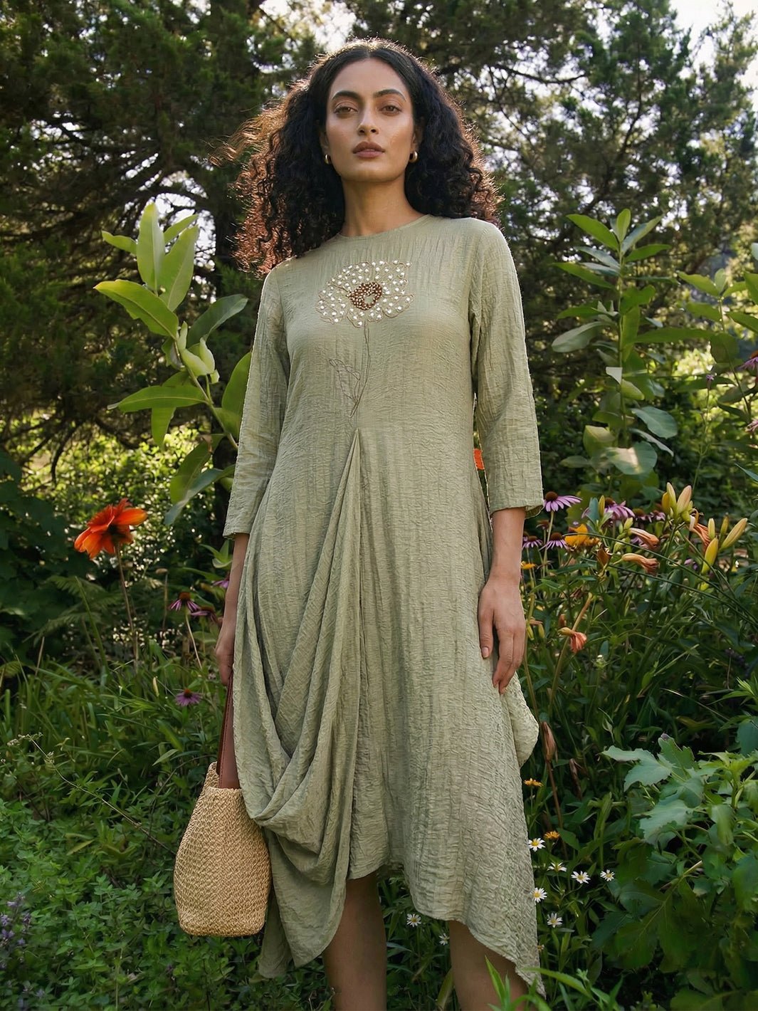 Sage Green Asymmetric Draped Midi Dress with Embellishment