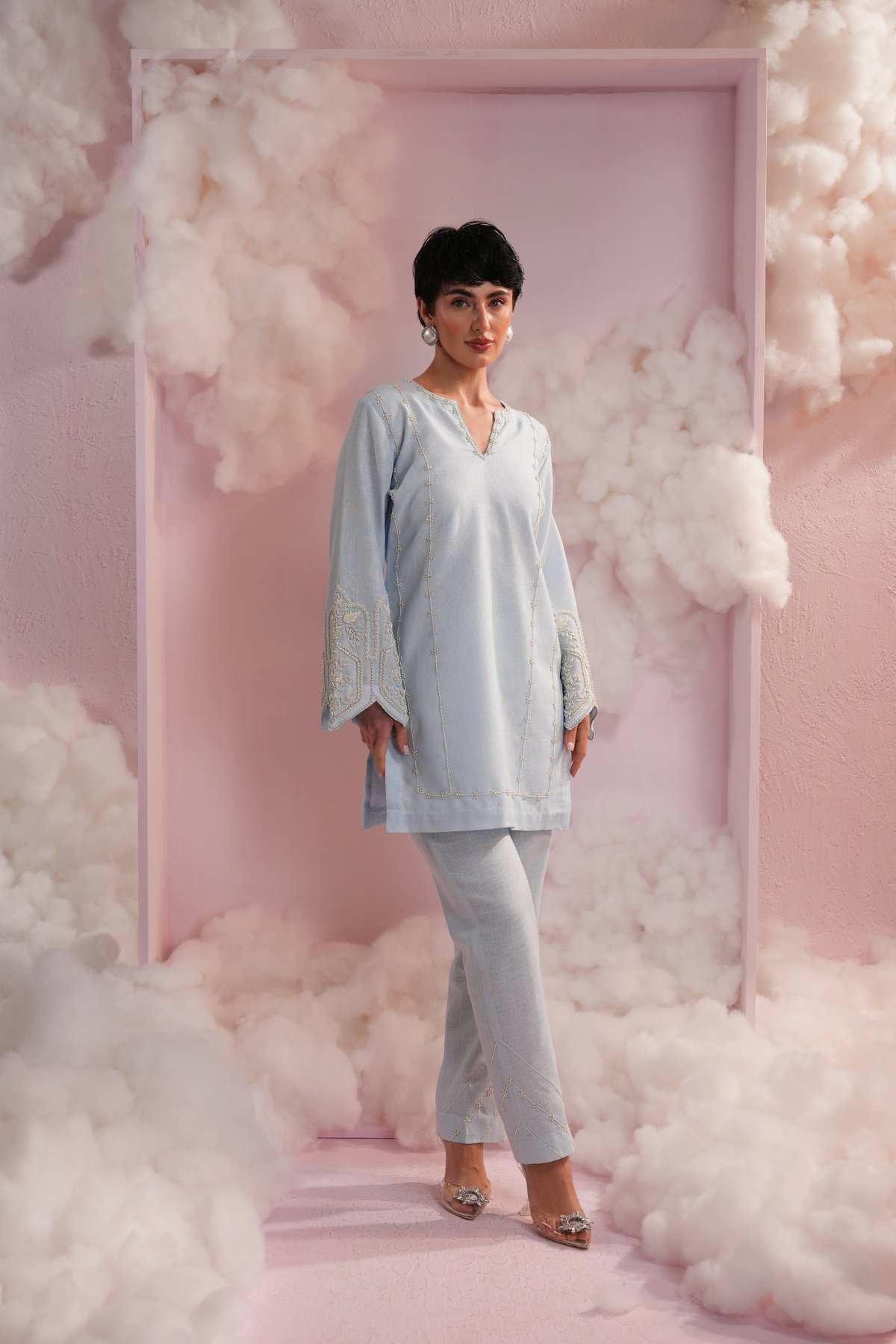 Powder Blue Pearl Embroidered Kurta Pant Co-ord Set