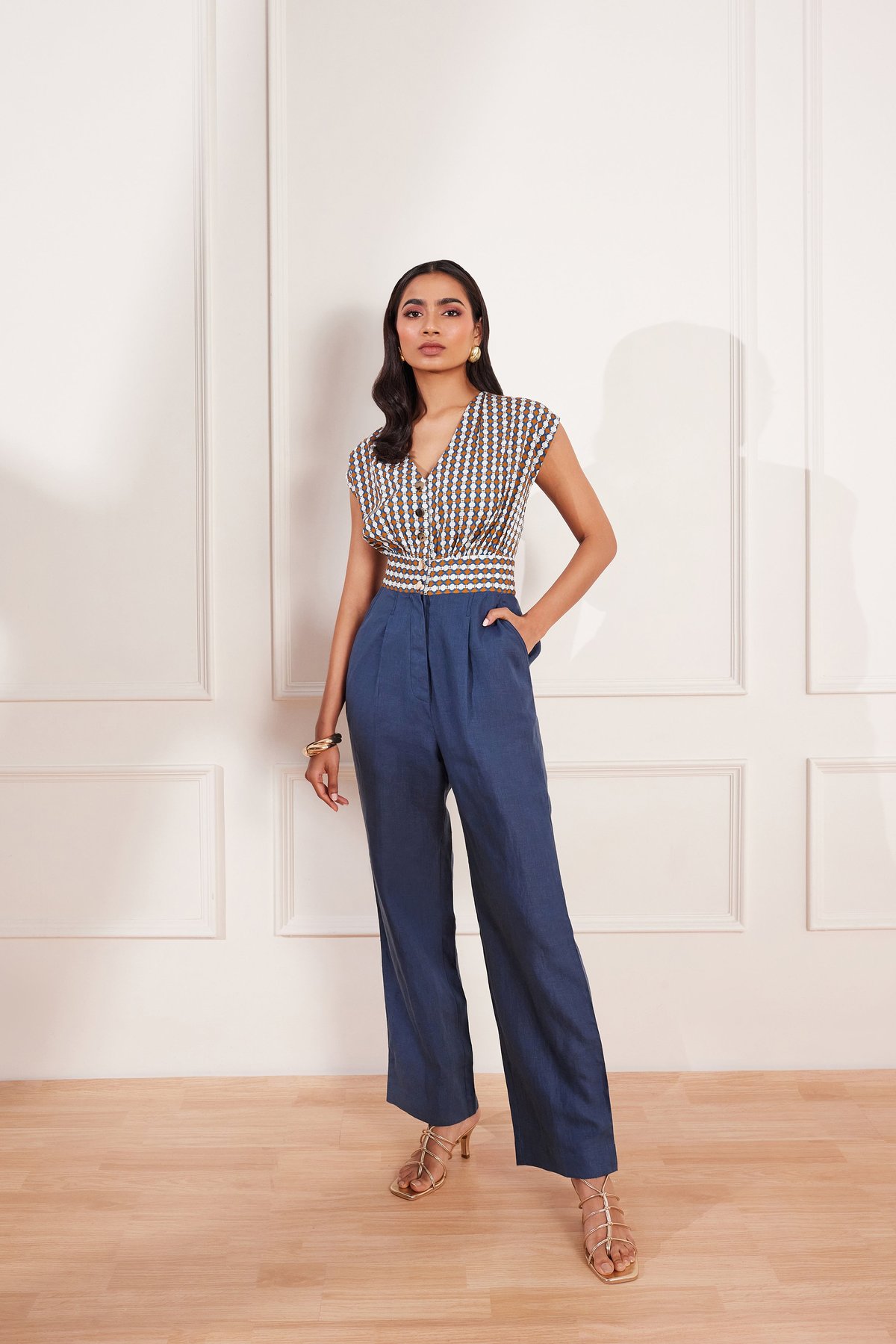 Multicolor Geometric Print Colorblock Wide-Leg Jumpsuit