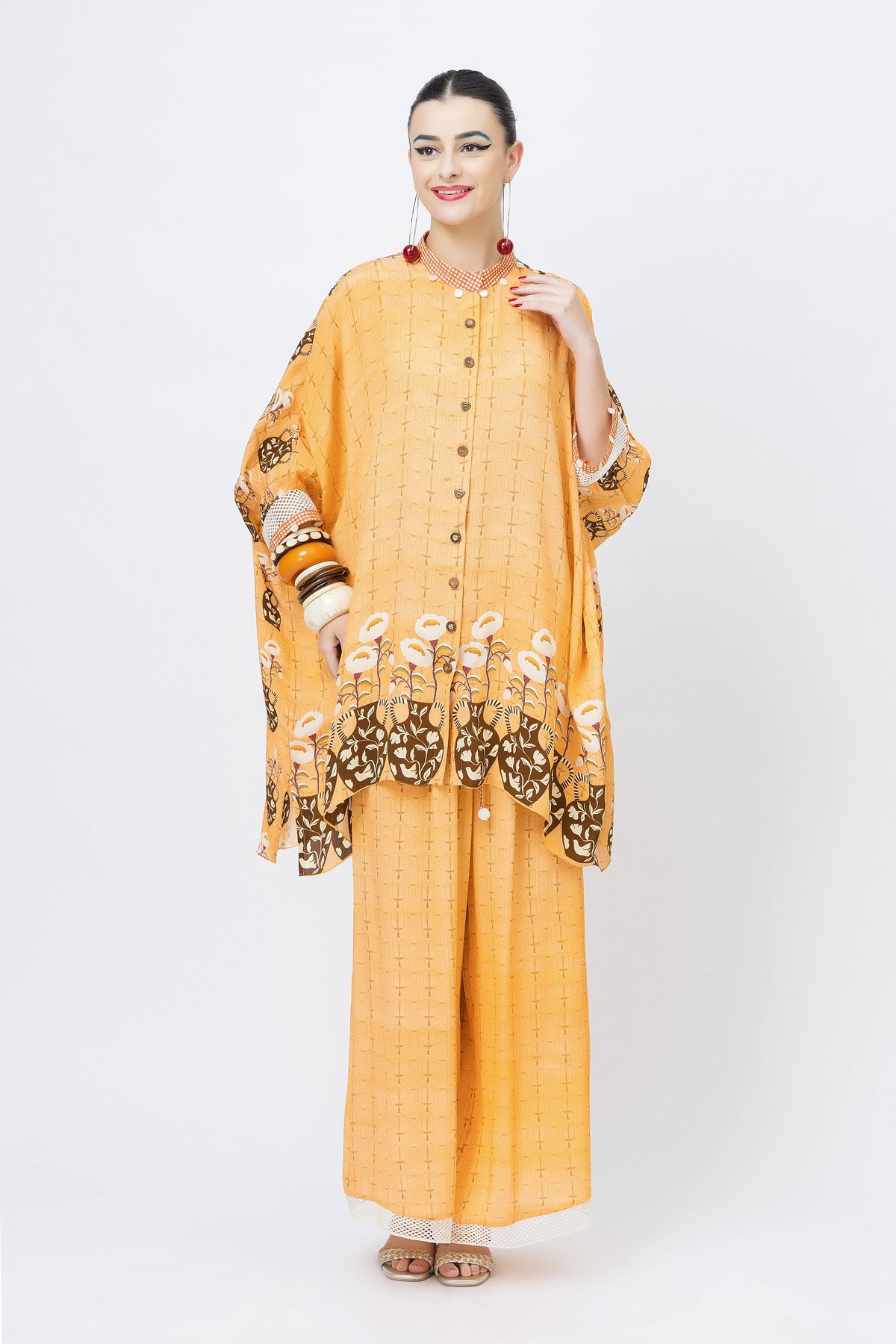 Orange Printed Kimono Top and Wide-Leg Pant Co-ord Set