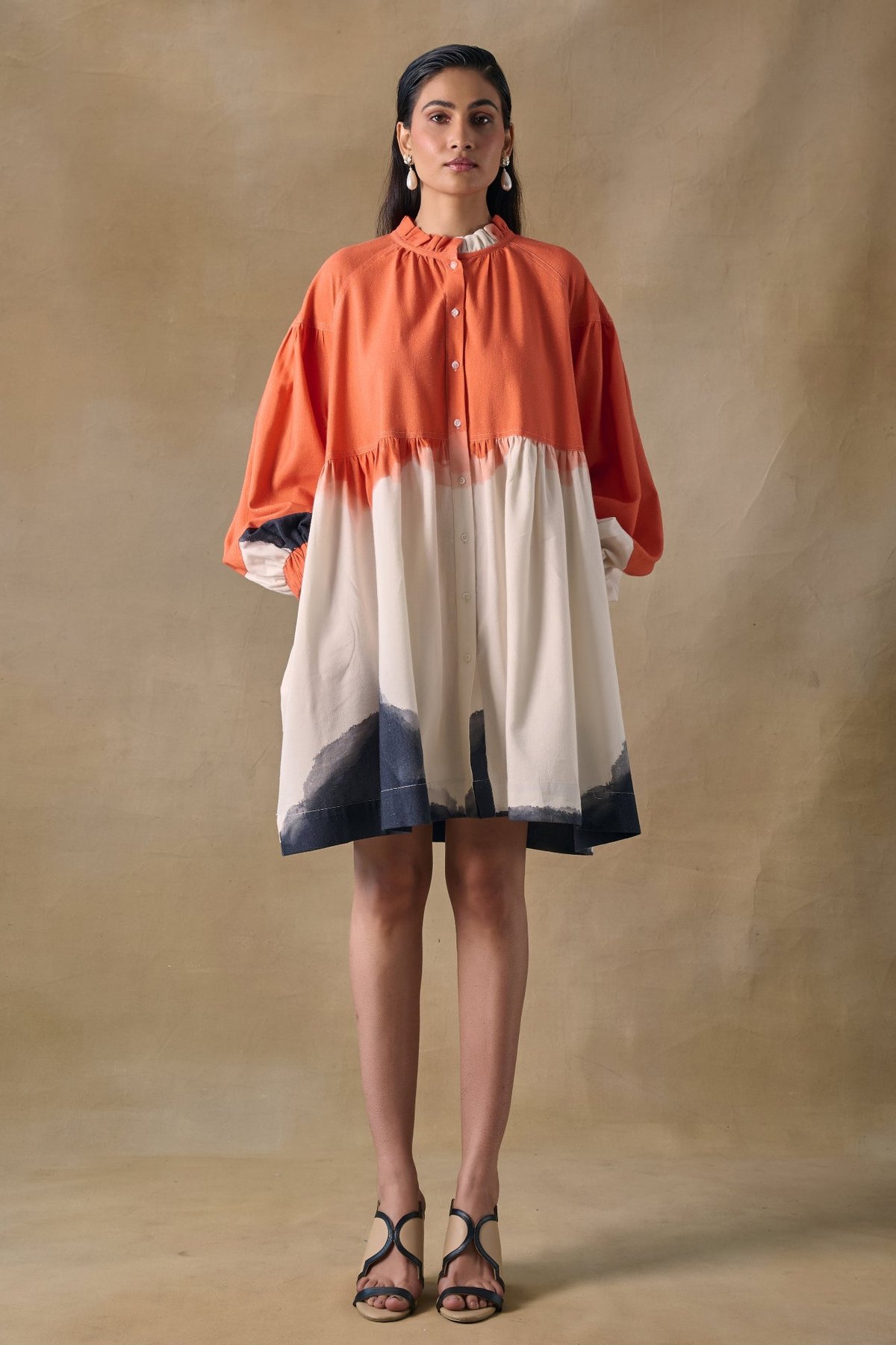 Orange Wash Printed Smock Mini Dress with Button-Down Front