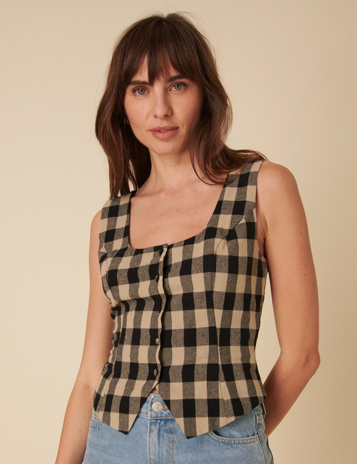 Black and Beige Checked Square Neck Waistcoat-Style Top