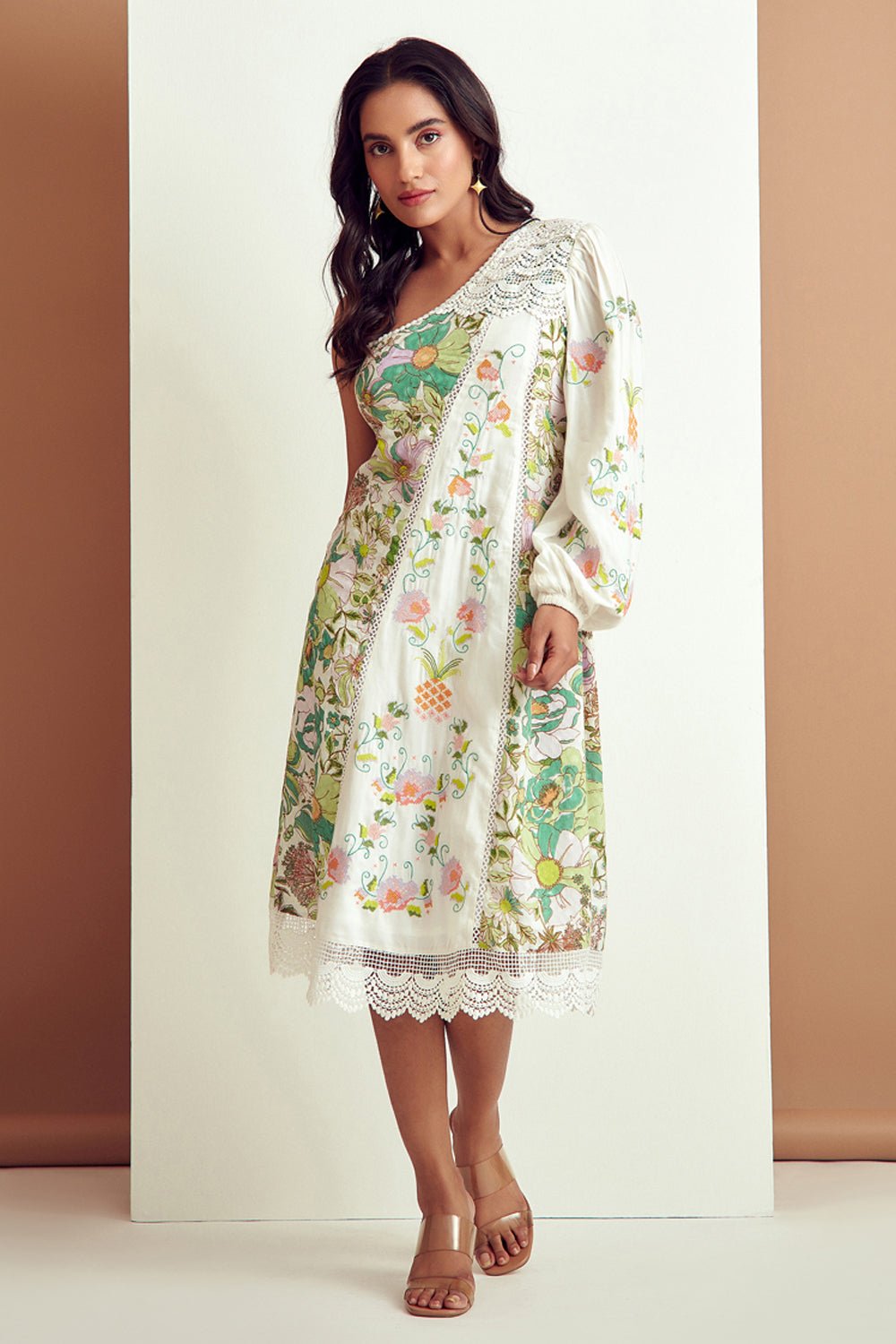 Dainty Floral Embroidered One Shoulder Dress