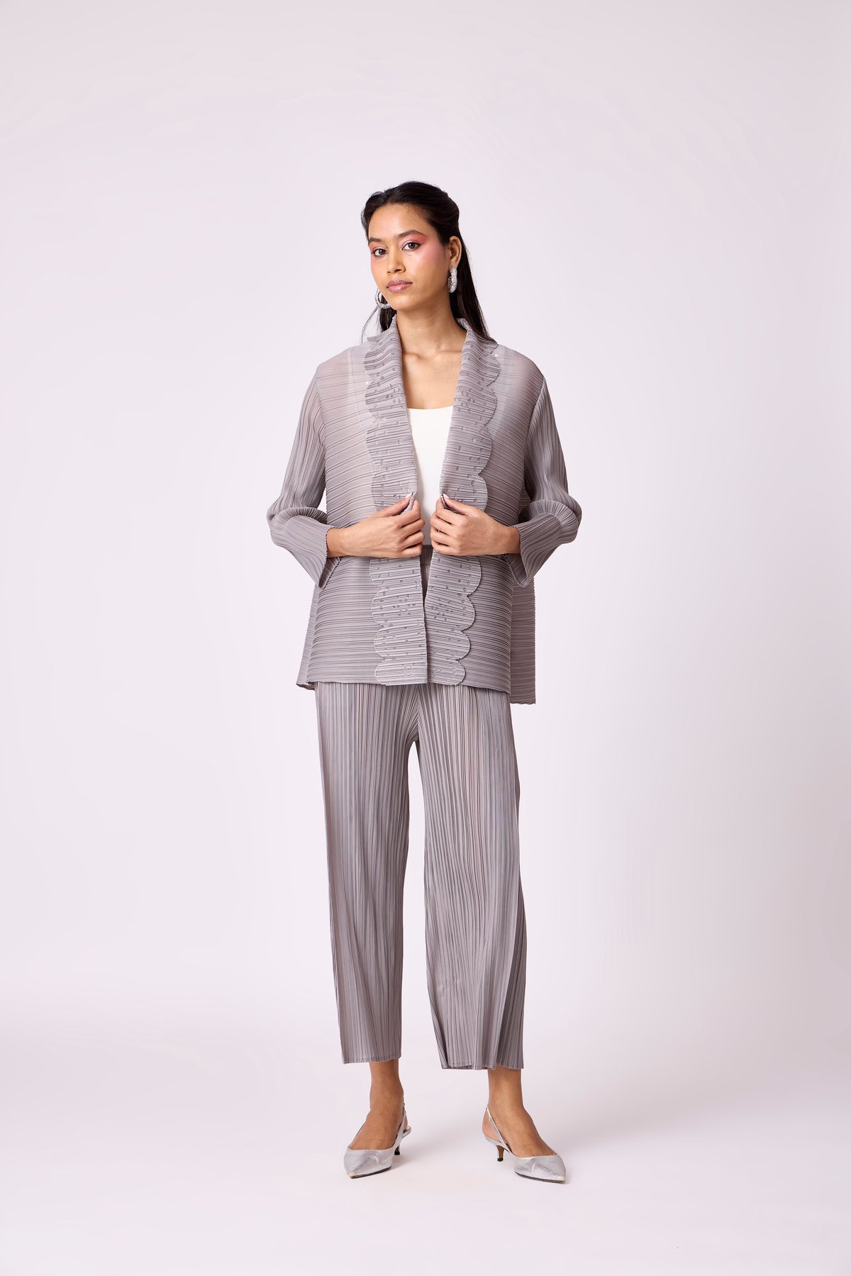Grey Pleated Jacket and Wide-Leg Pants Co-ord Set