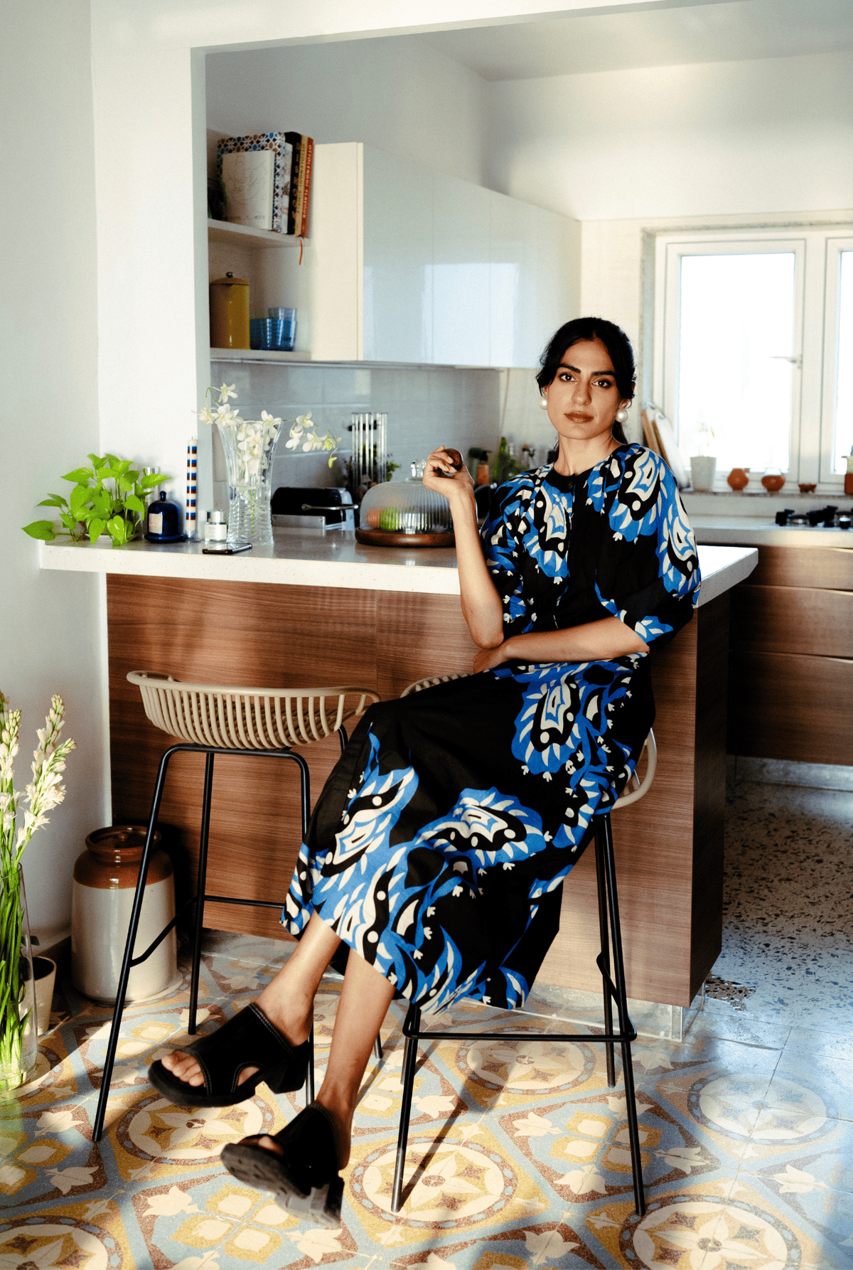 Black and Blue Abstract Print Fit and Flare Midi Dress