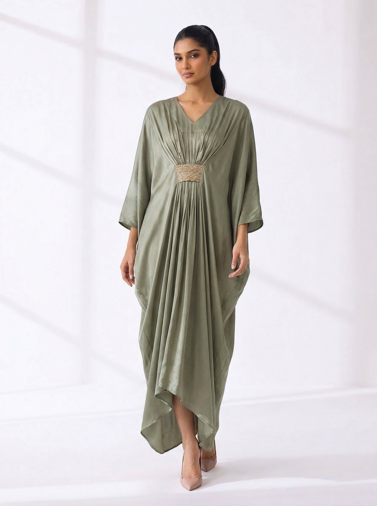 Sage Green Bemberg Silk Draped V-Neck Kaftan