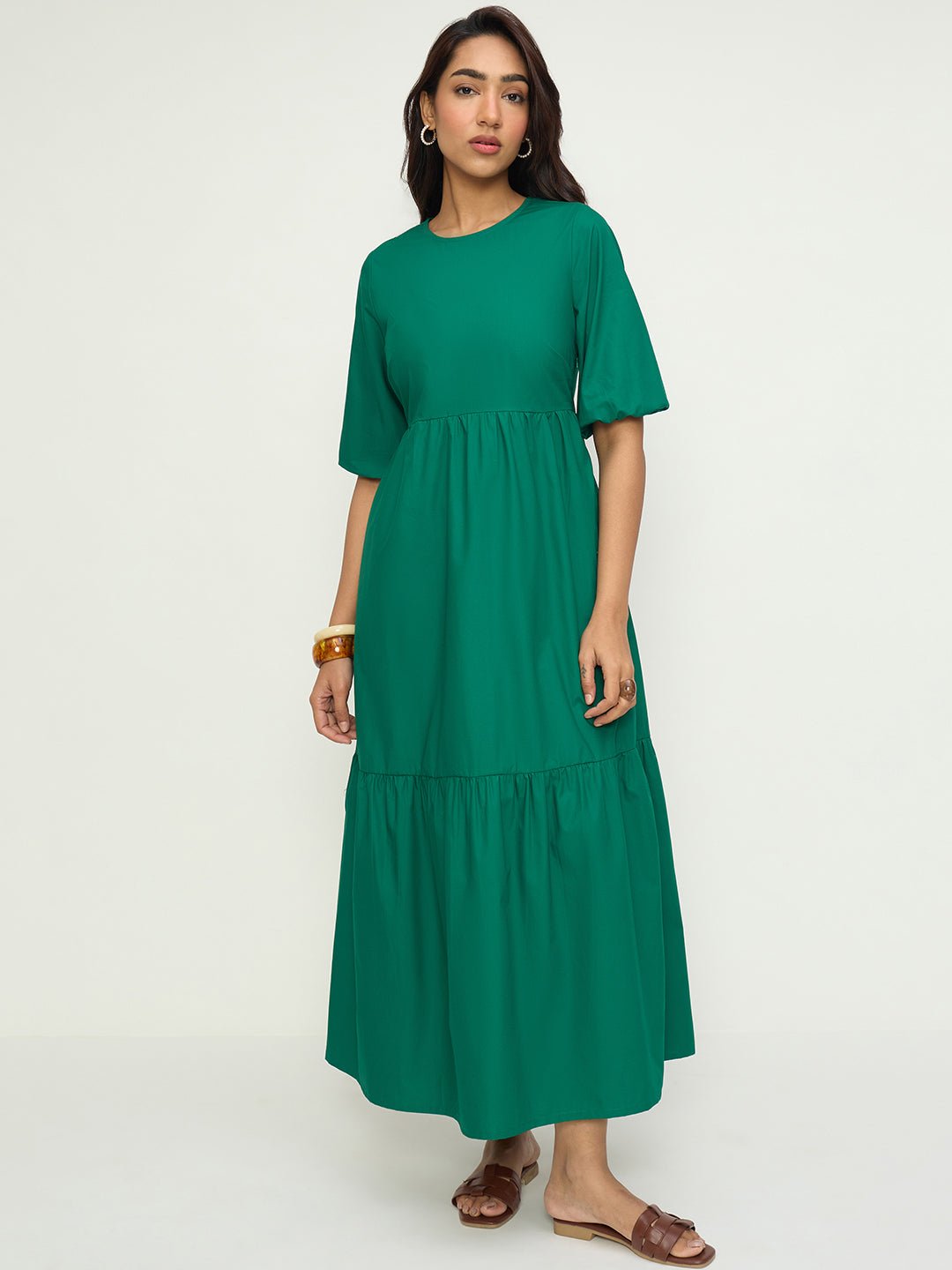 CrispCotton Green Tiered Dress