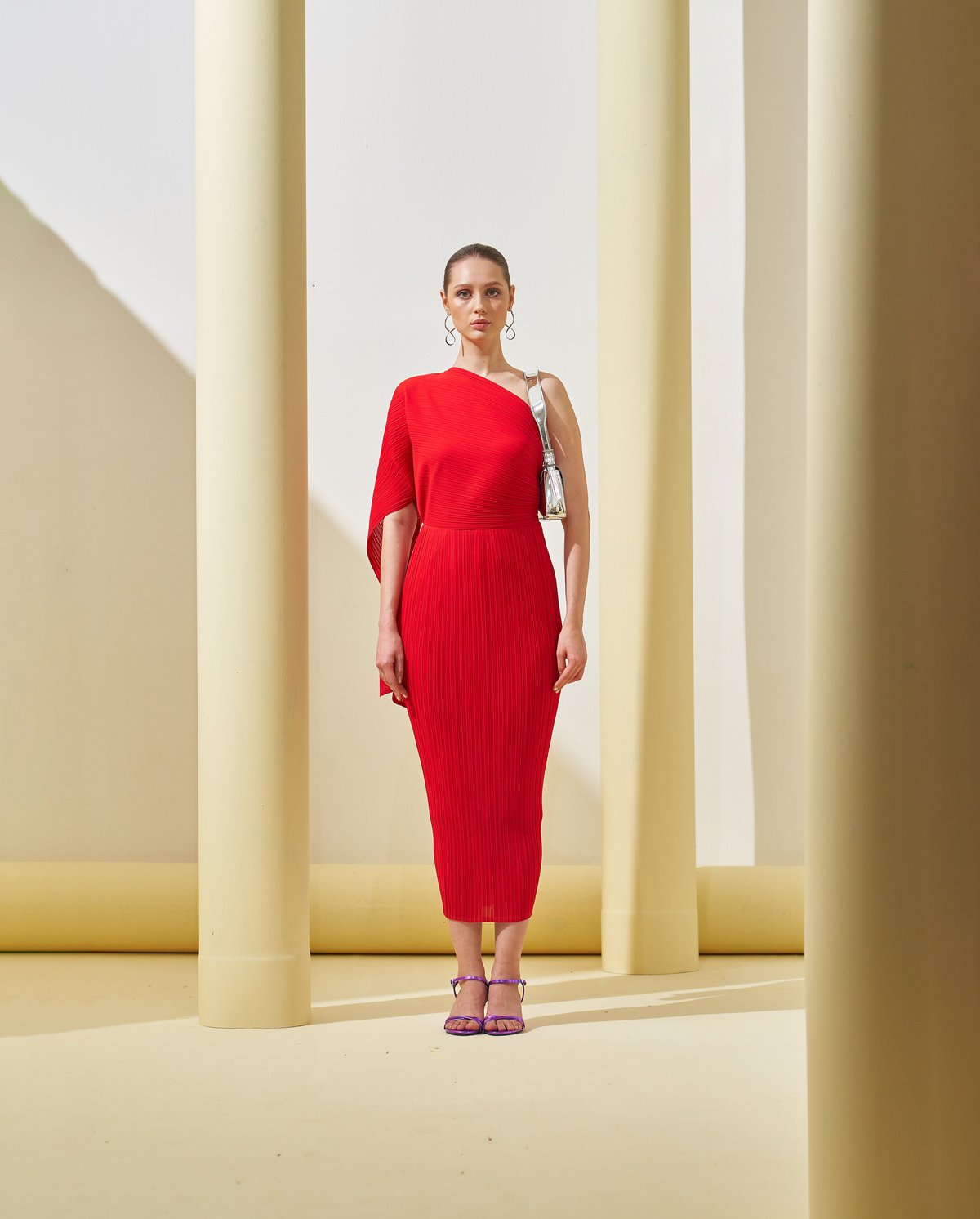 Red One-Shoulder Pleated Midi Dress with Drape Detail