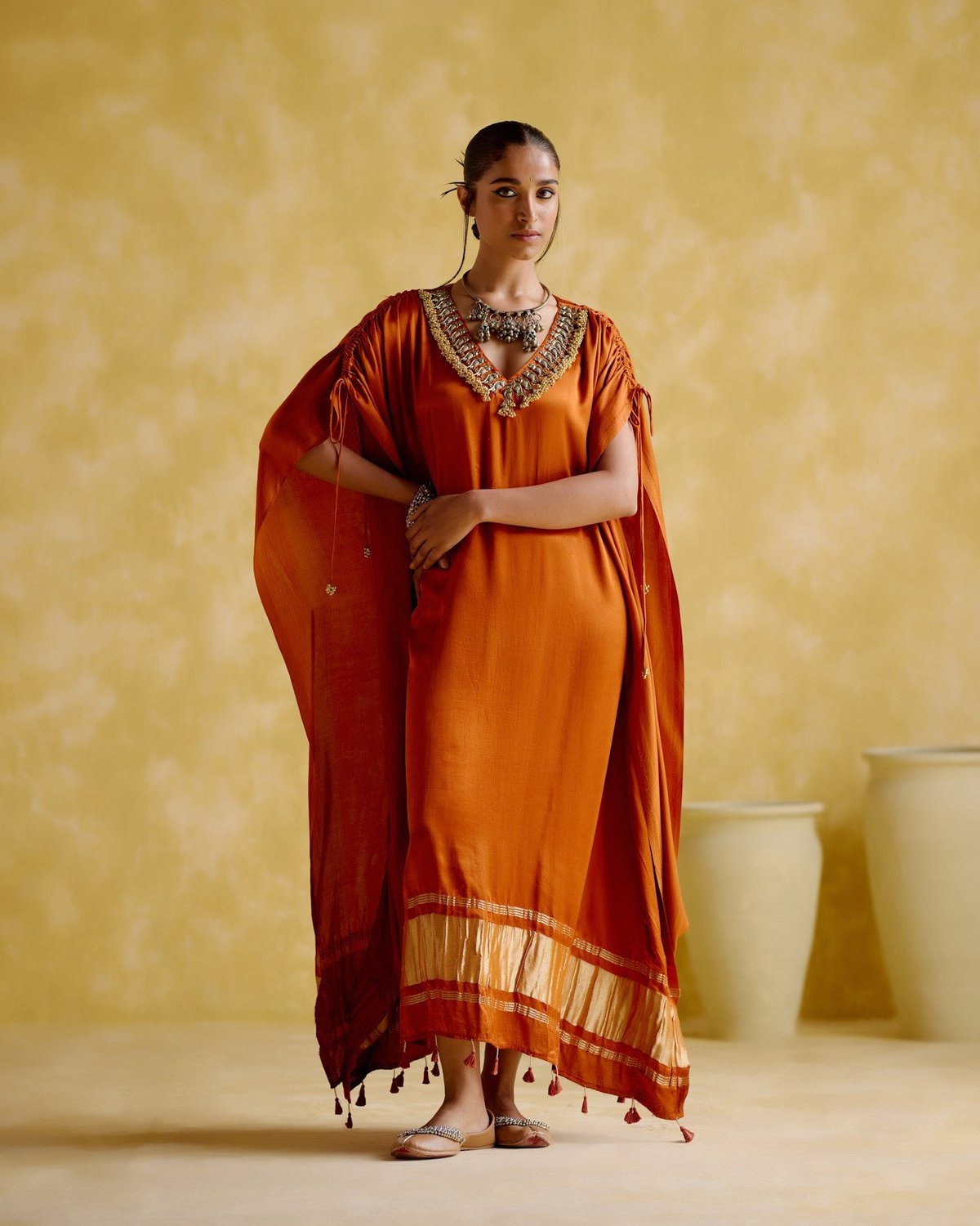 Orange Maxi Kaftan with Embellished V-Neck