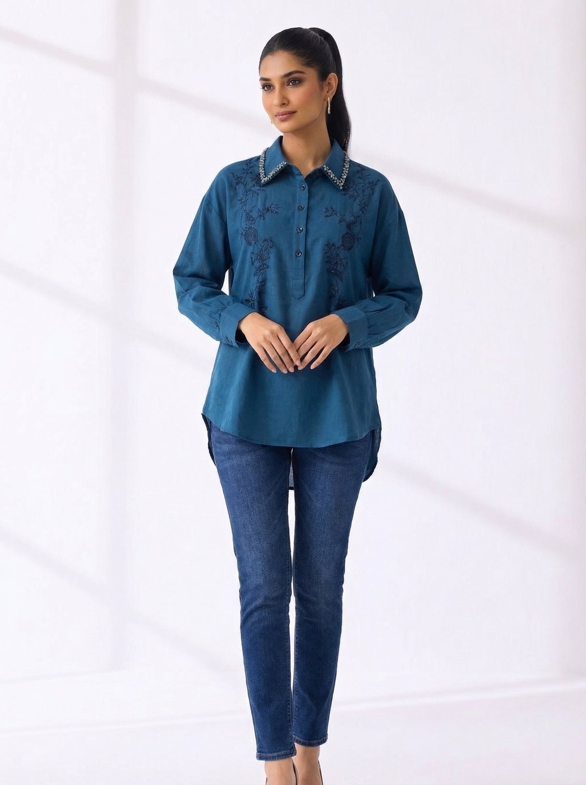 Blue Embroidered Collared Button-Front Shirt