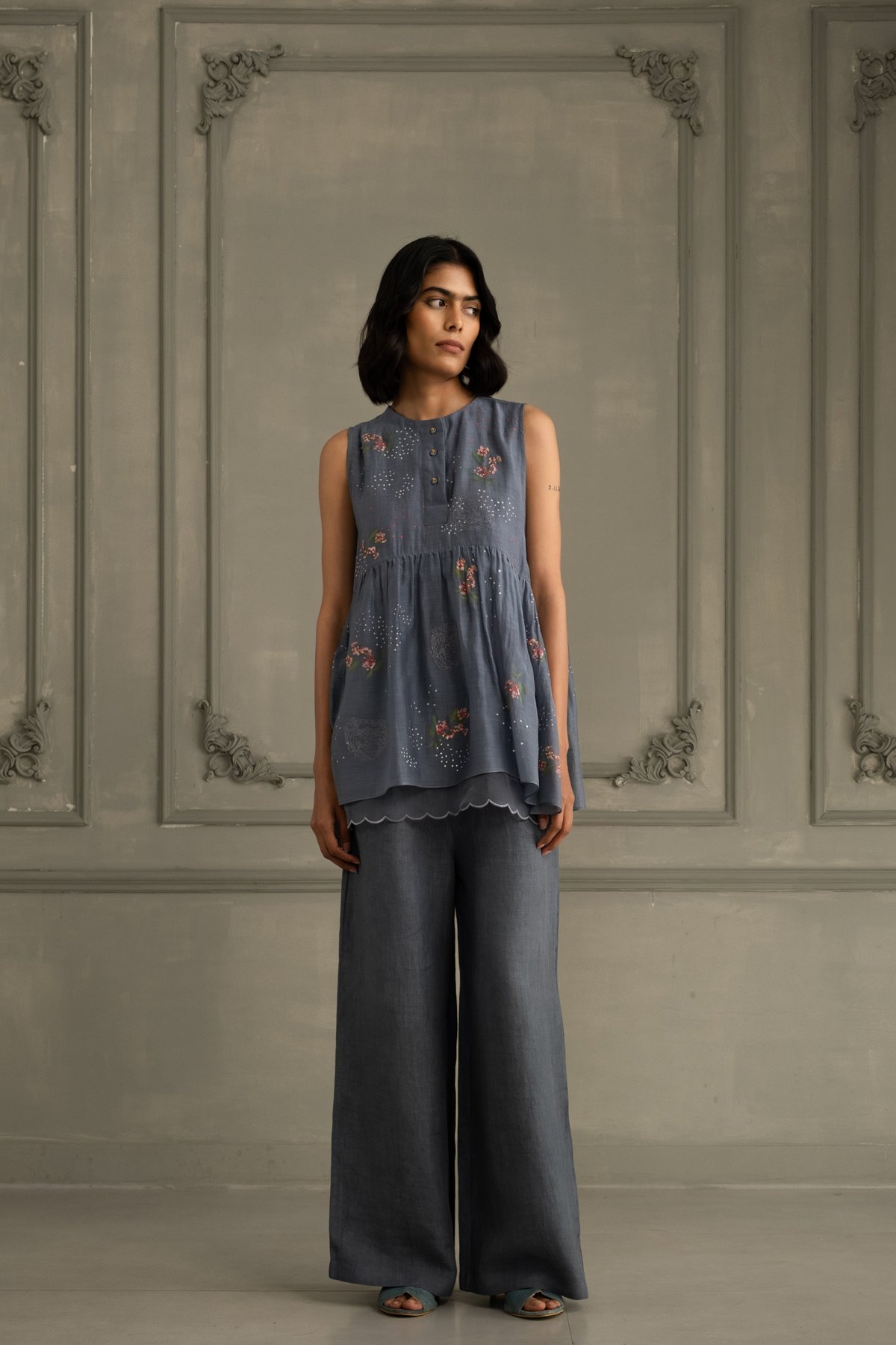 Stone Blue Top In Mul Chanderi With Embroidery