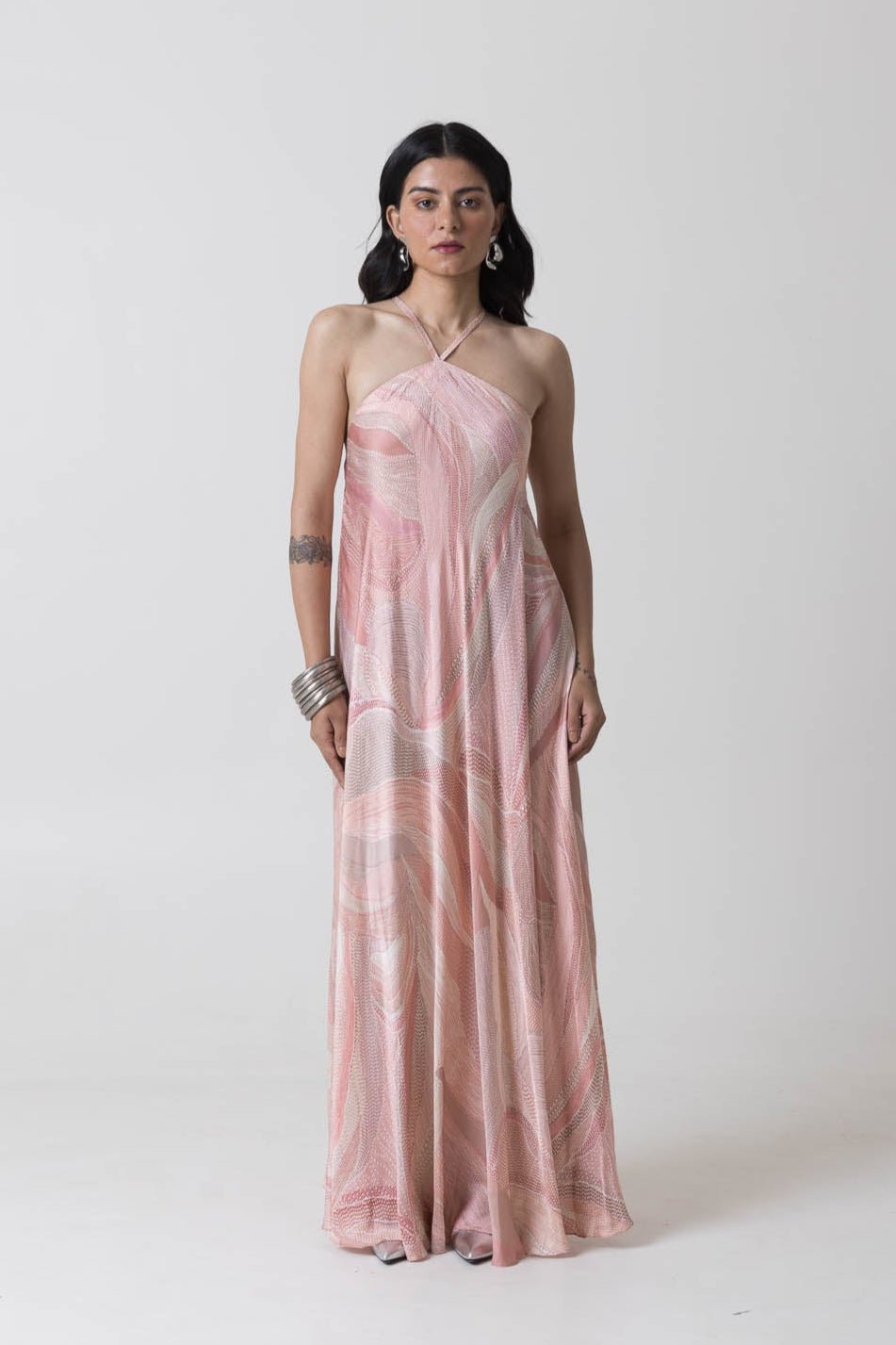 Pink Peach Abstract Printed Halter Maxi Dress