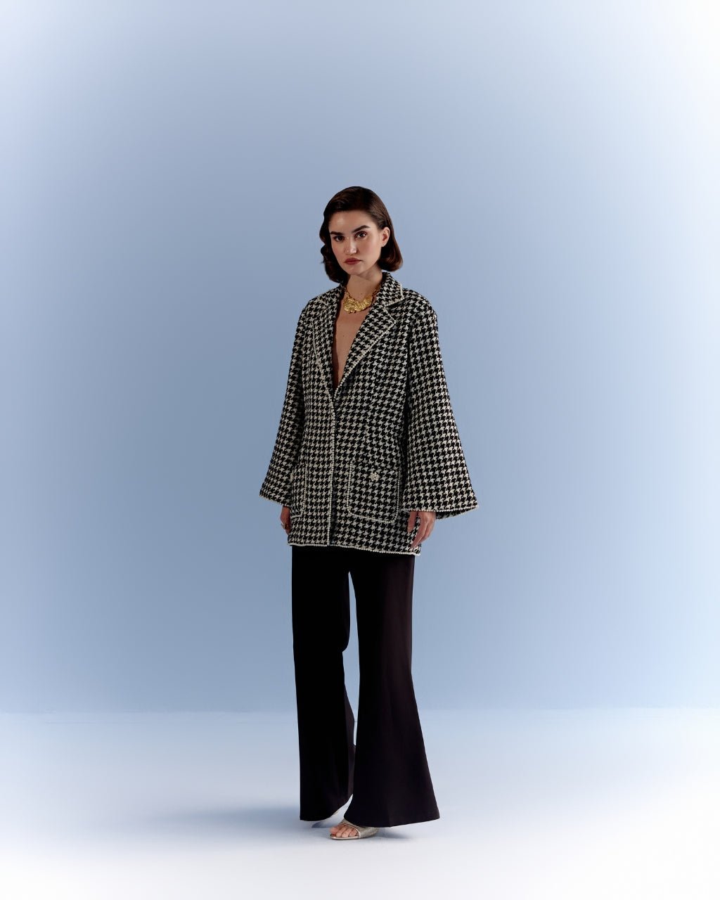 Black and White Tweed Jacket with Pearl Trim
