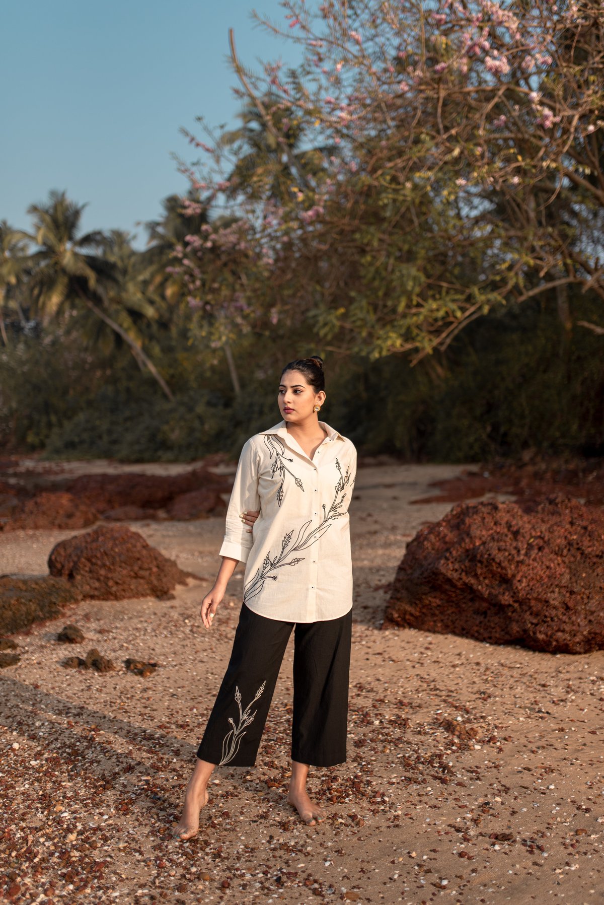 Ivory Shirt and Black Wide-Leg Pants Co-ord Set