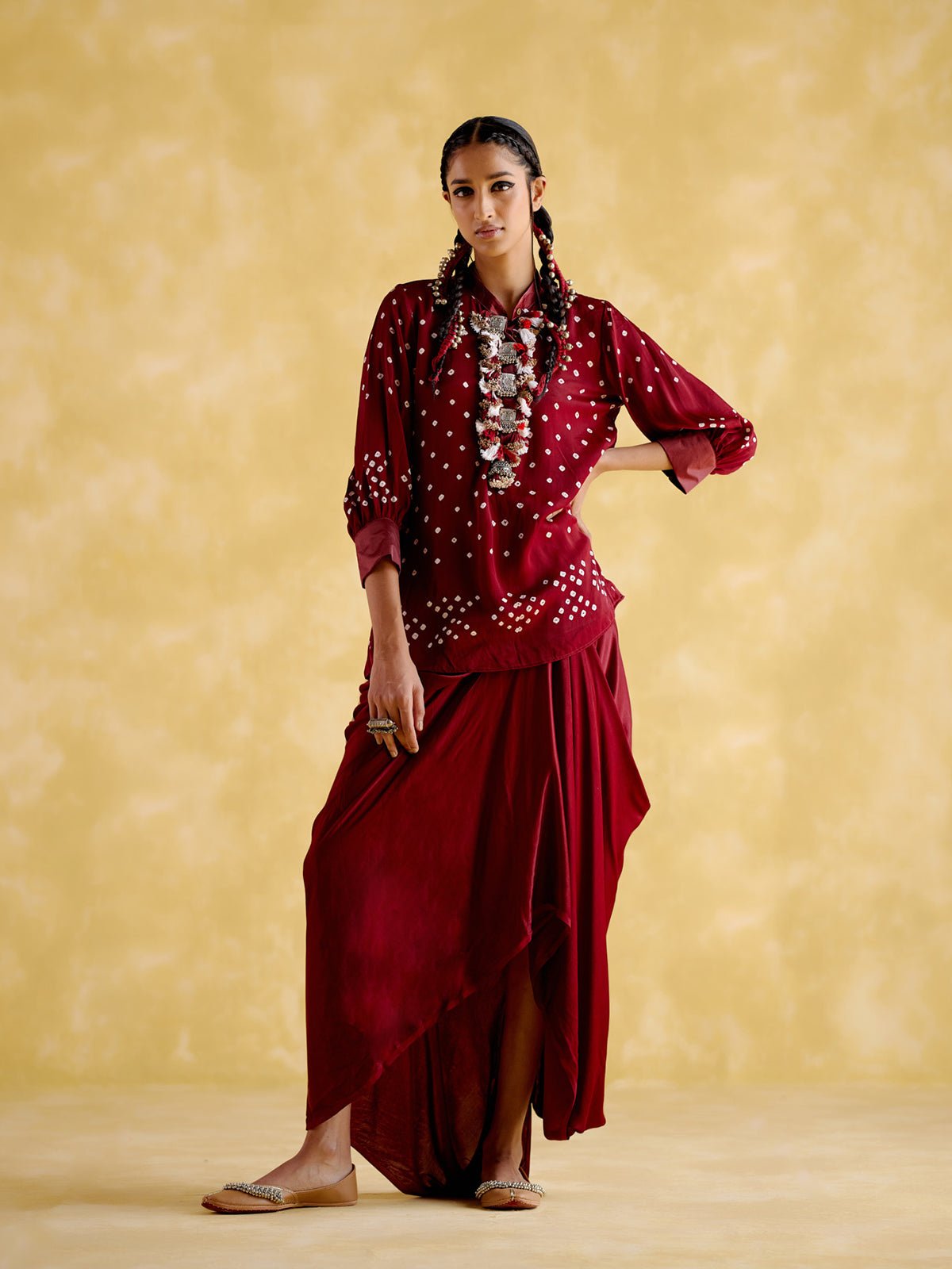 Maroon Bandhani Tunic and Dhoti Pant Co-ord Set