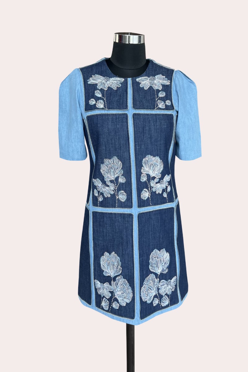 Two-Tone Denim Colorblock Mini Dress with Floral Embroidery