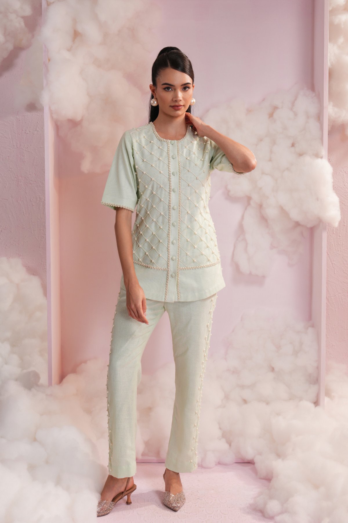 Mint Green Pearl Lattice Shirt and Pants Co-ord Set